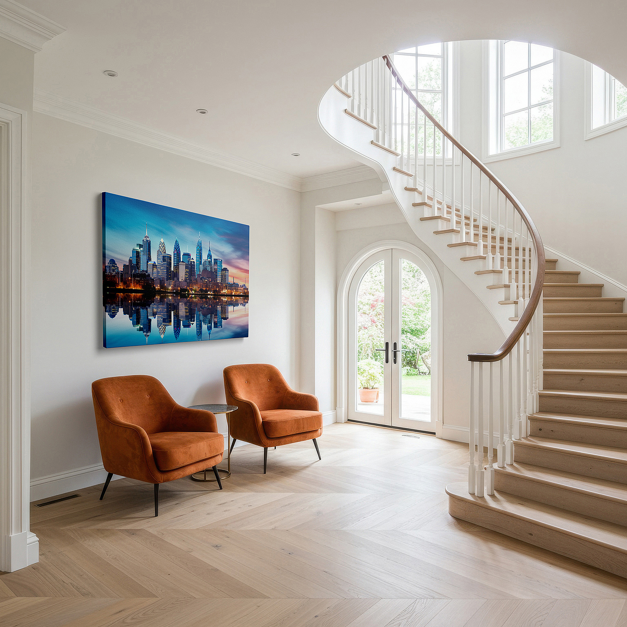 Positioned above a console table between ceramic vases — philadelphia skyline at dusk: capturing the serene grandeur of urban and natural beauty - large wall art, canvas, office decor