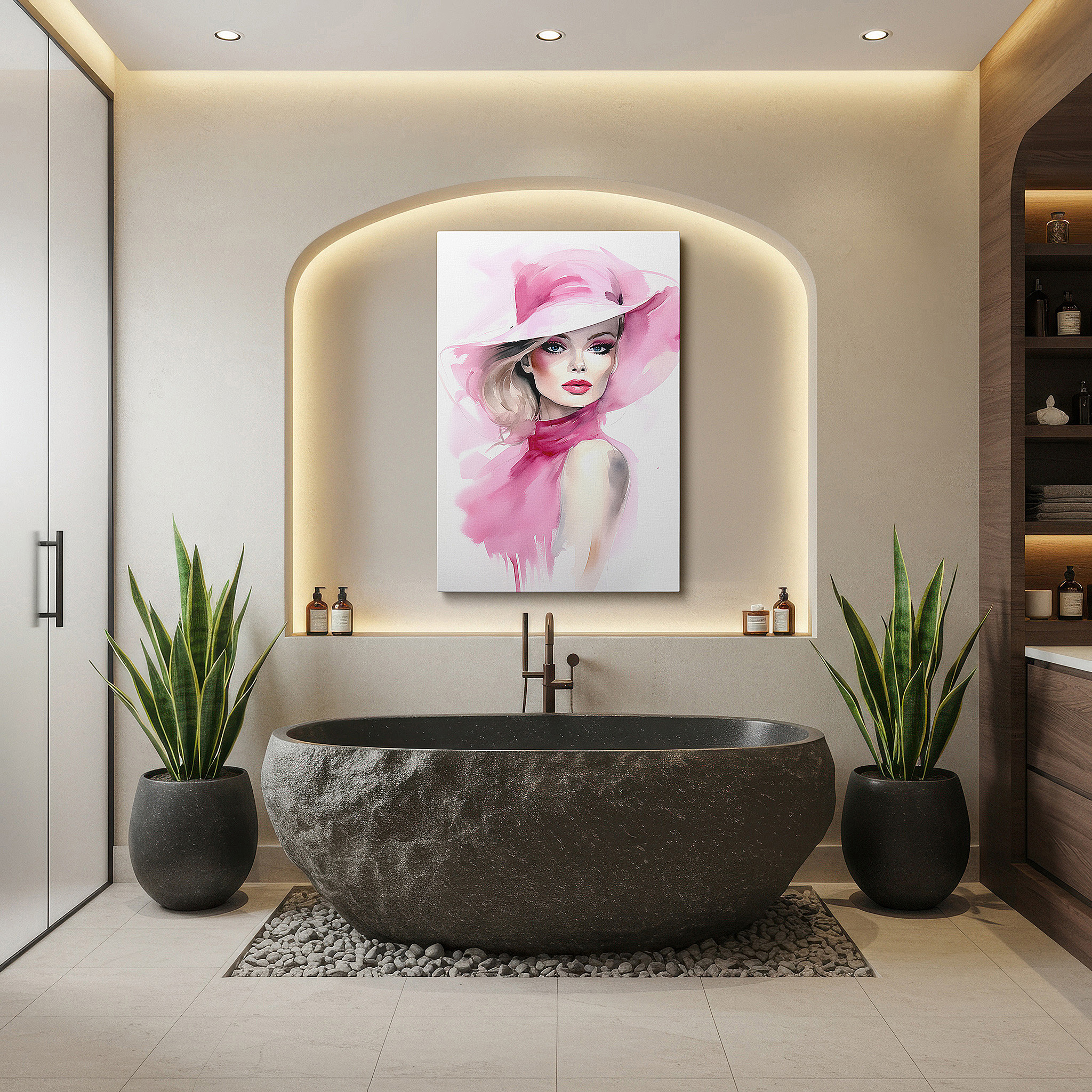 Positioned above a console table between ceramic vases — pink essence of elegance: stylish and confident woman large wall art, canvas decor for office and bedroom