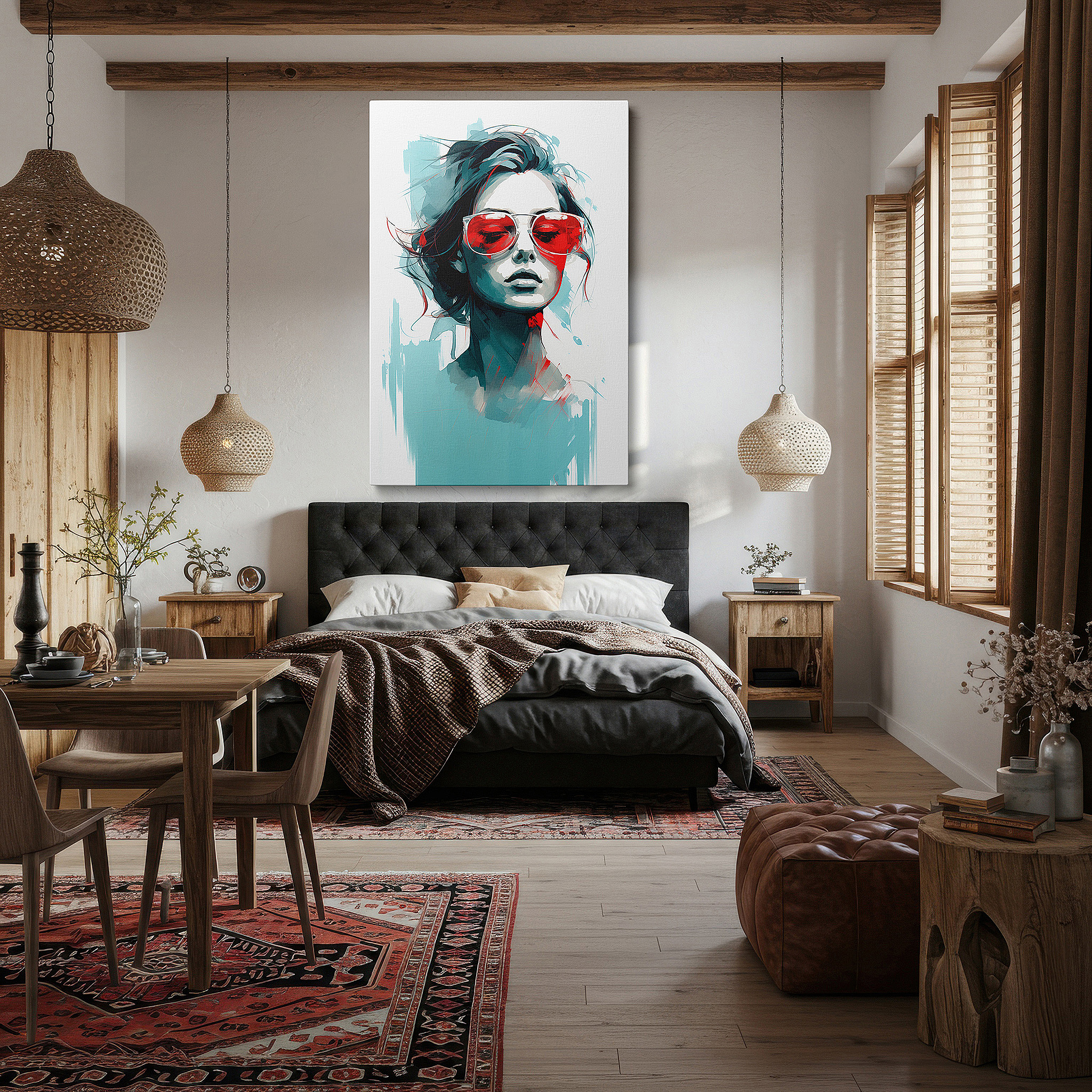 Positioned above a console table between ceramic vases — red sunglasses: a portrait of modern femininity, style, and confidence - chic large wall art for home and office decor