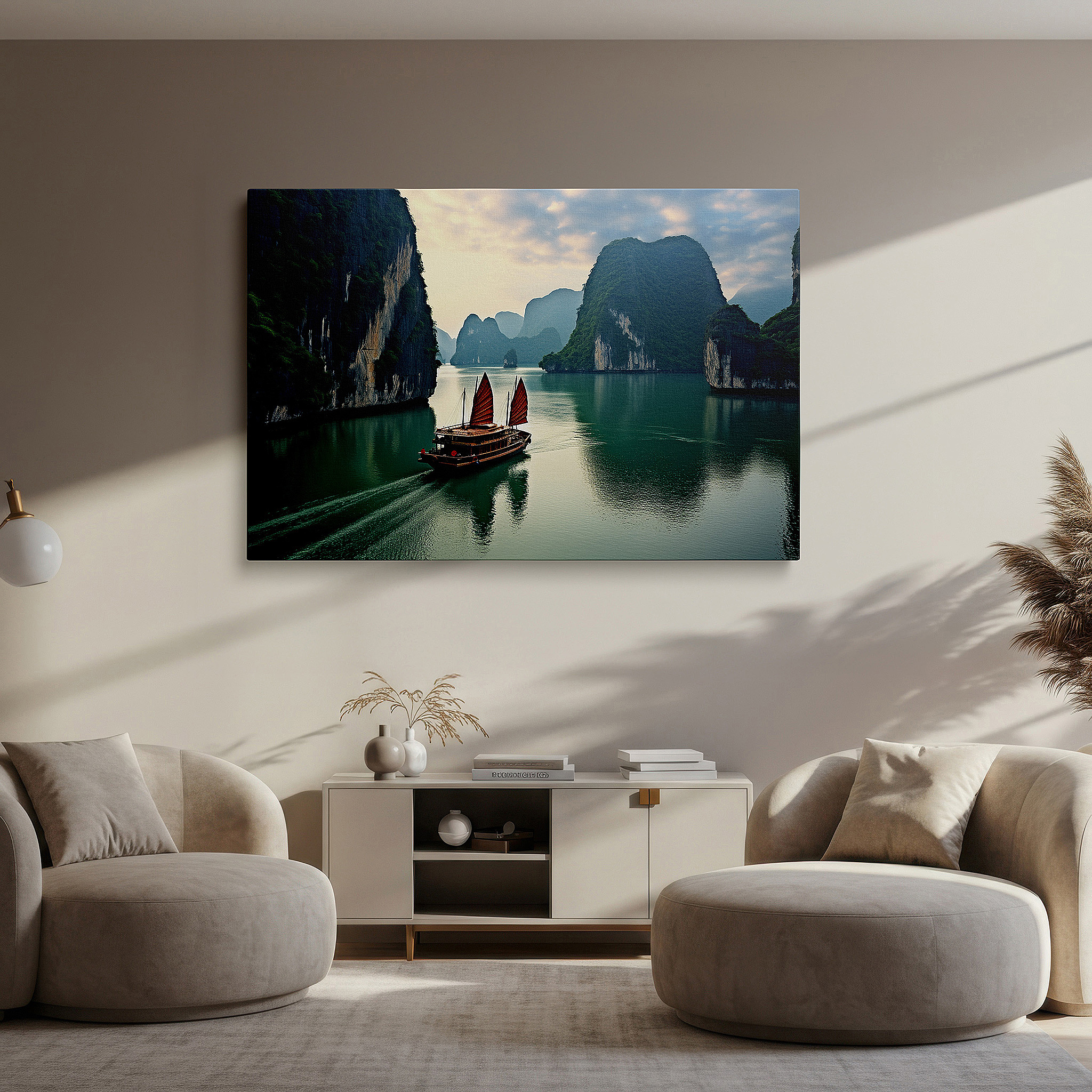 Positioned above a console table between ceramic vases — serene afternoon in halong bay featuring a traditional vietnamese junk boat - large canvas wall art for office and bedroom decor