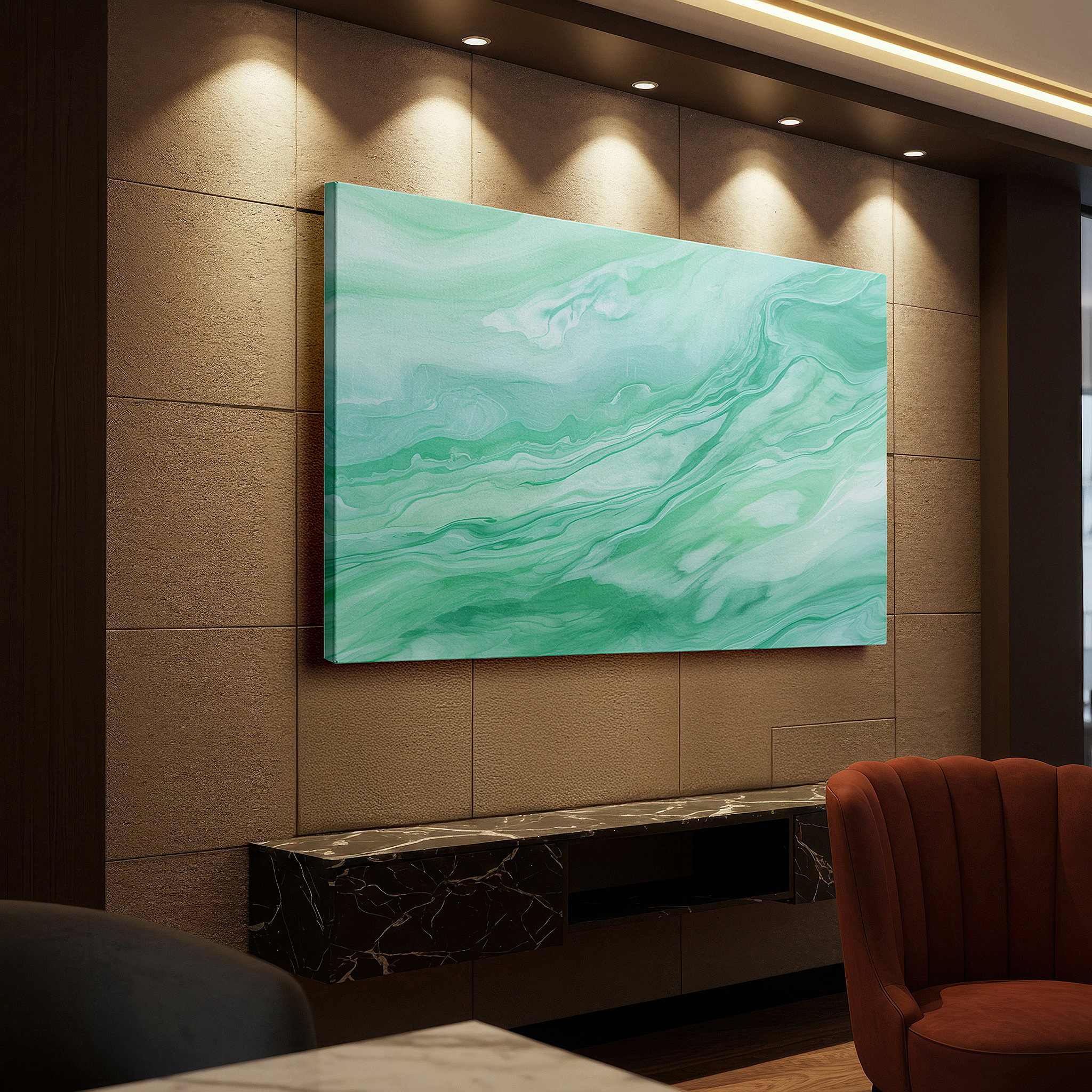Positioned above a console table between ceramic vases — a serene array of greens: abstract expressionism in large wall art, canvas wall art, wall decor for offices