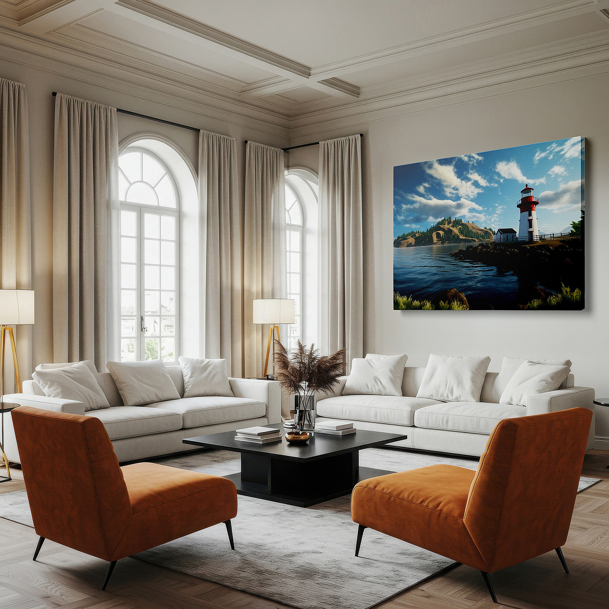 Positioned above a console table between ceramic vases — serene coastal scene featuring prominent lighthouse surrounded by verdant greenery and tranquil waters - large canvas wall art for home and office decor