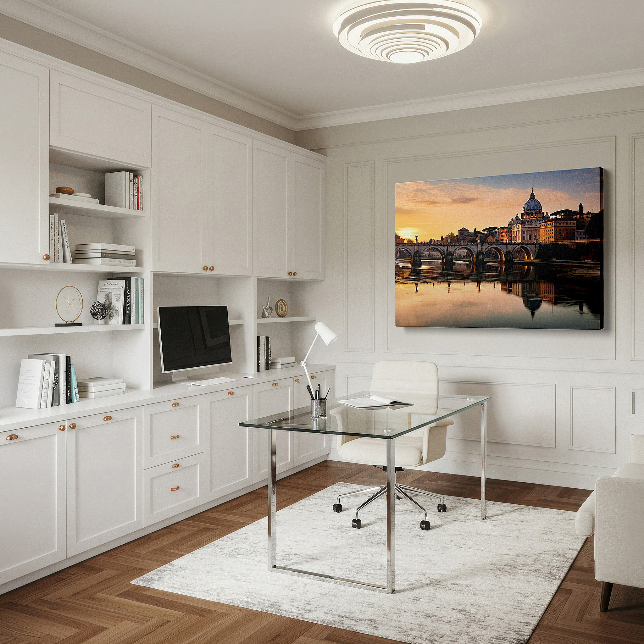 Positioned above a console table between ceramic vases — serene dawn at st. peter's basilica over the tiber river wall art for office, bedroom, and living room decor
