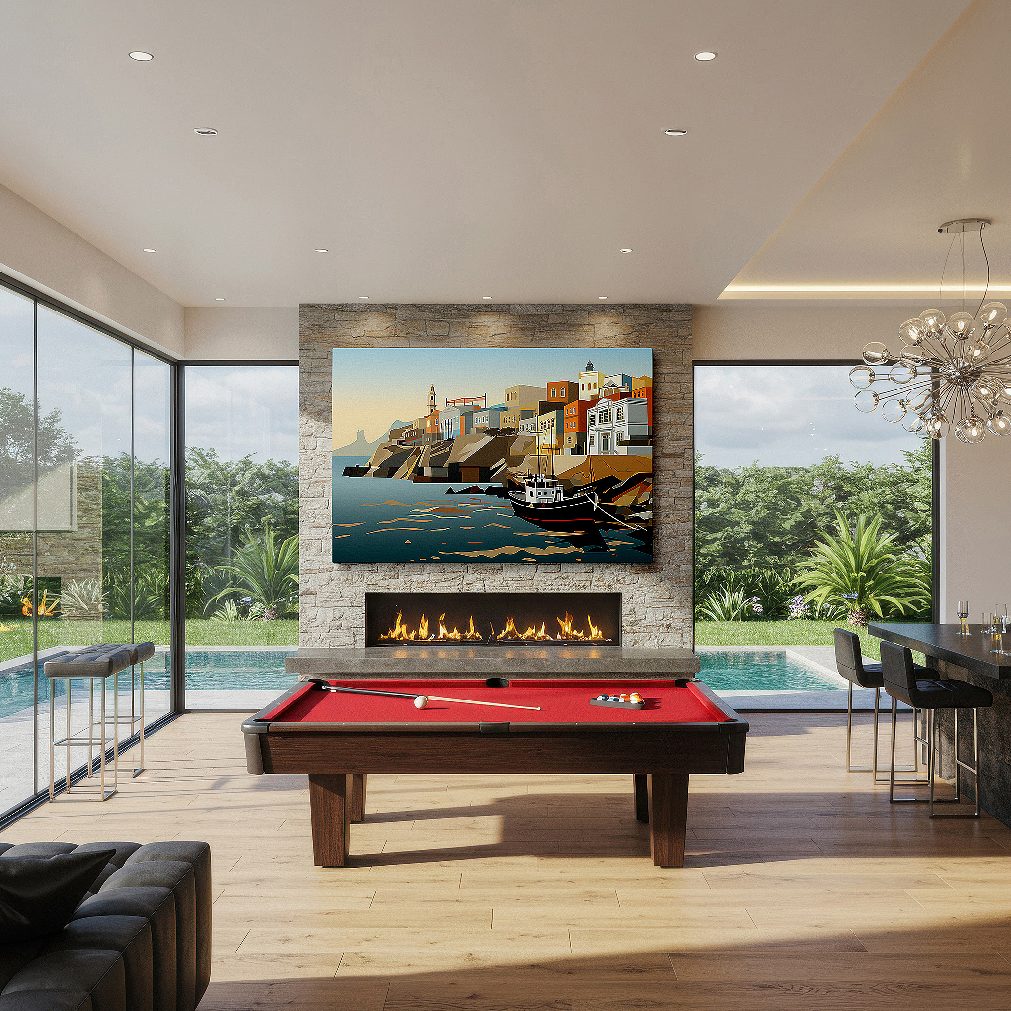 Positioned above a console table between ceramic vases — serene harbor scene with classic boat and vibrant waterfront buildings - large canvas wall art for home and office decor