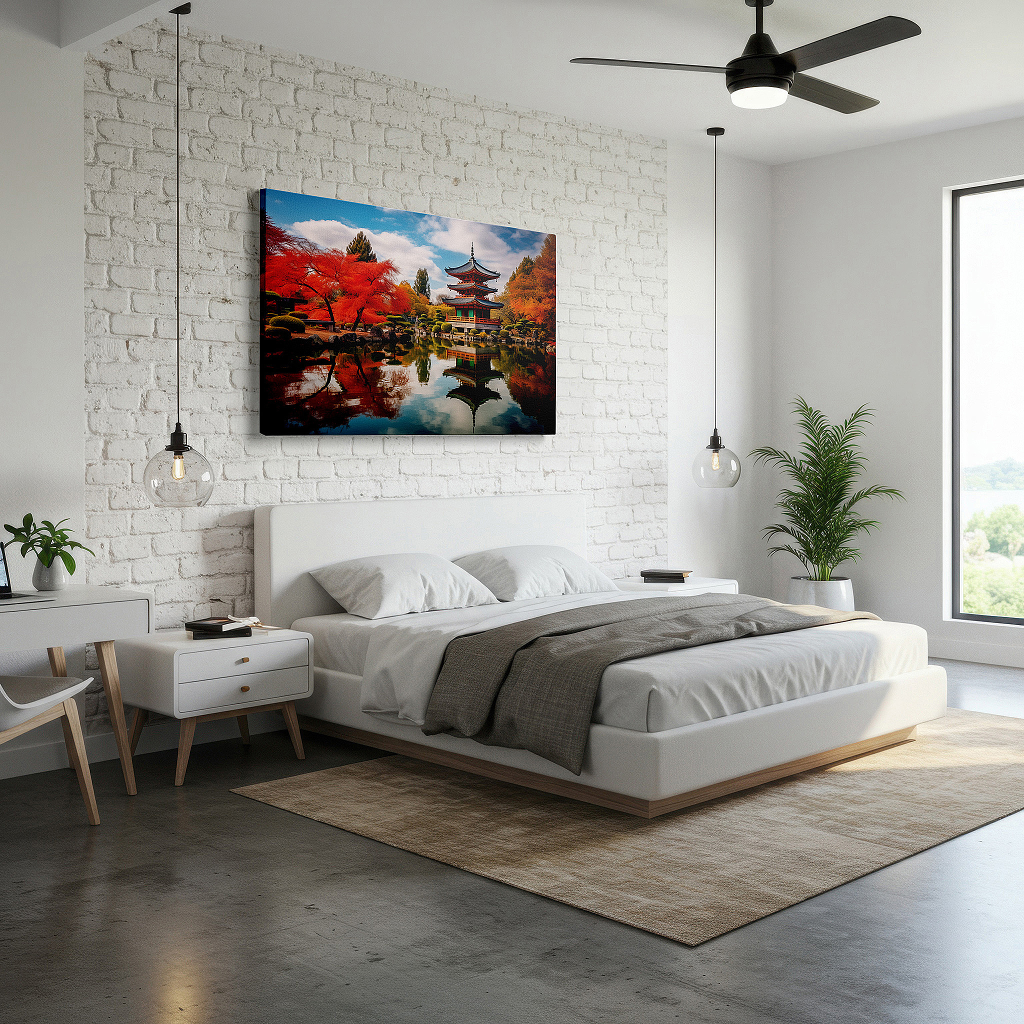 Positioned above a console table between ceramic vases — serene japanese scenery with fall reflections and classic architecture - large canvas wall art for home and office decor