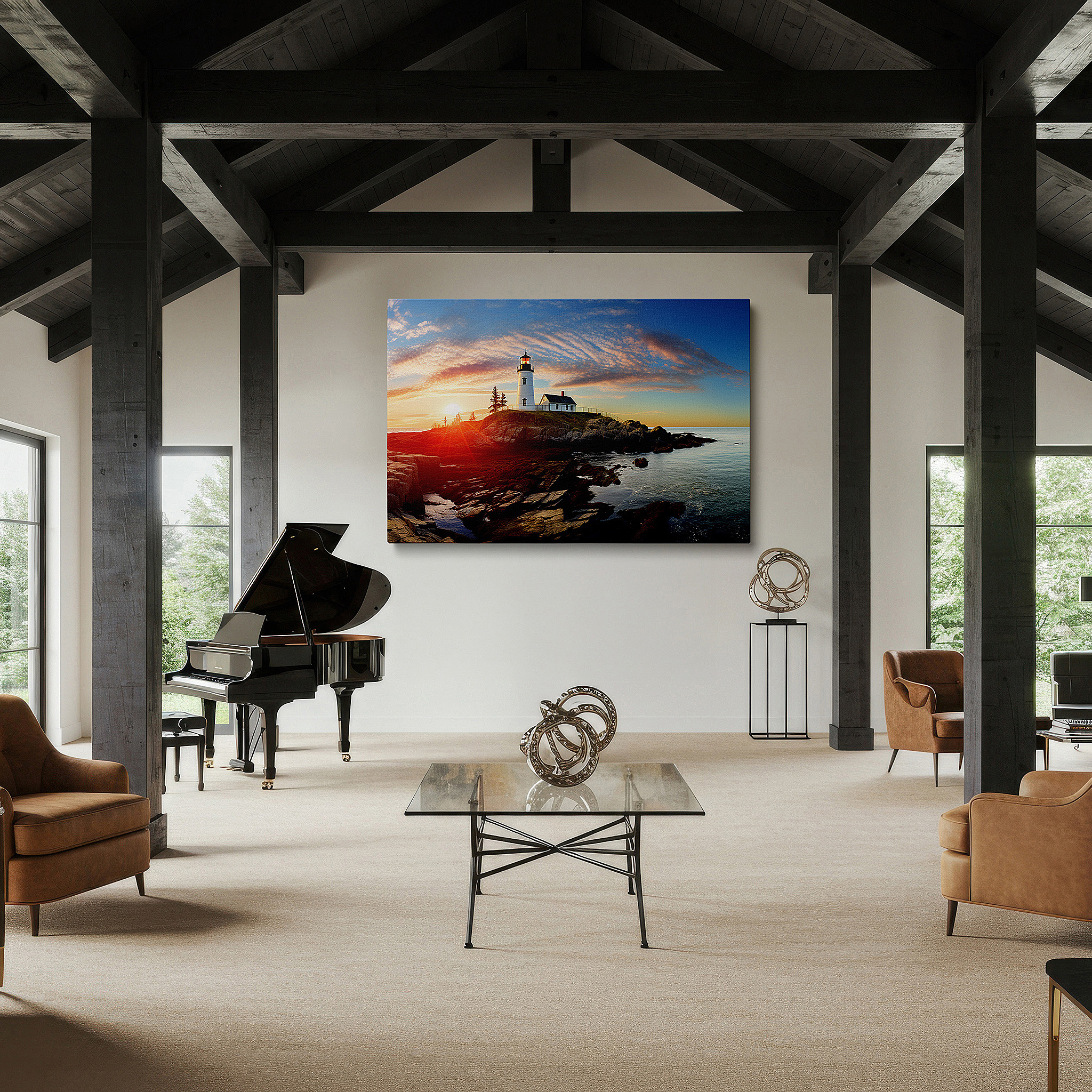 Positioned above a console table between ceramic vases — serene lighthouse at sunset: emblem of hope and resilience - dramatic nature scene large wall art, canvas wall art, wall decor for office