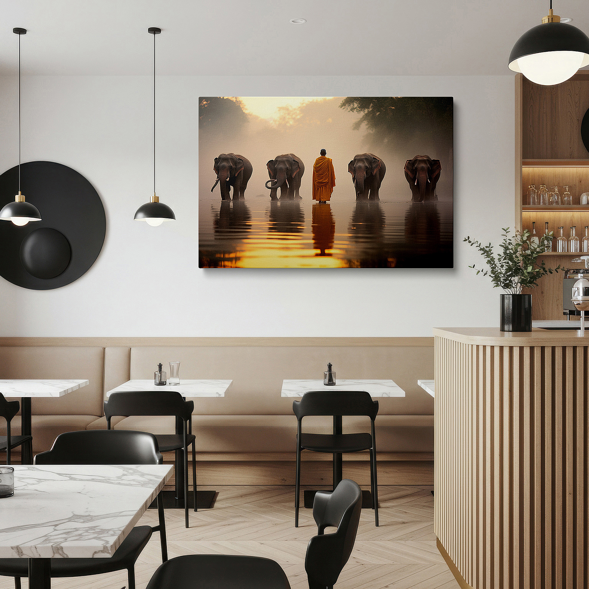 Positioned above a console table between ceramic vases — serene monk and majestic elephants at sunset by the misty river wall art - large canvas decor for office, bedroom, and living room