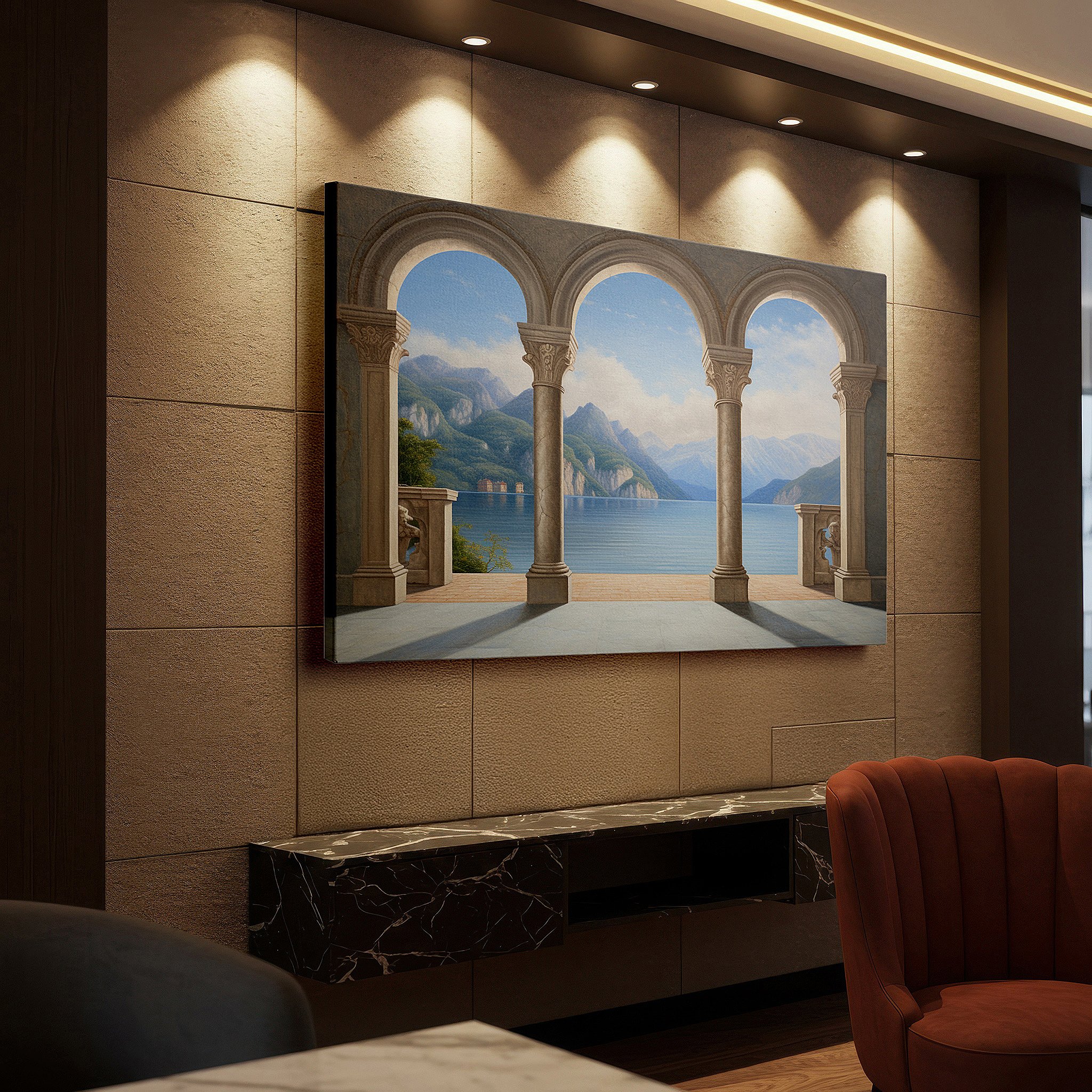 Positioned above a console table between ceramic vases — serene mountain lake and lush valleys view through arched windows, tranquil landscape large wall art, canvas wall decor for office