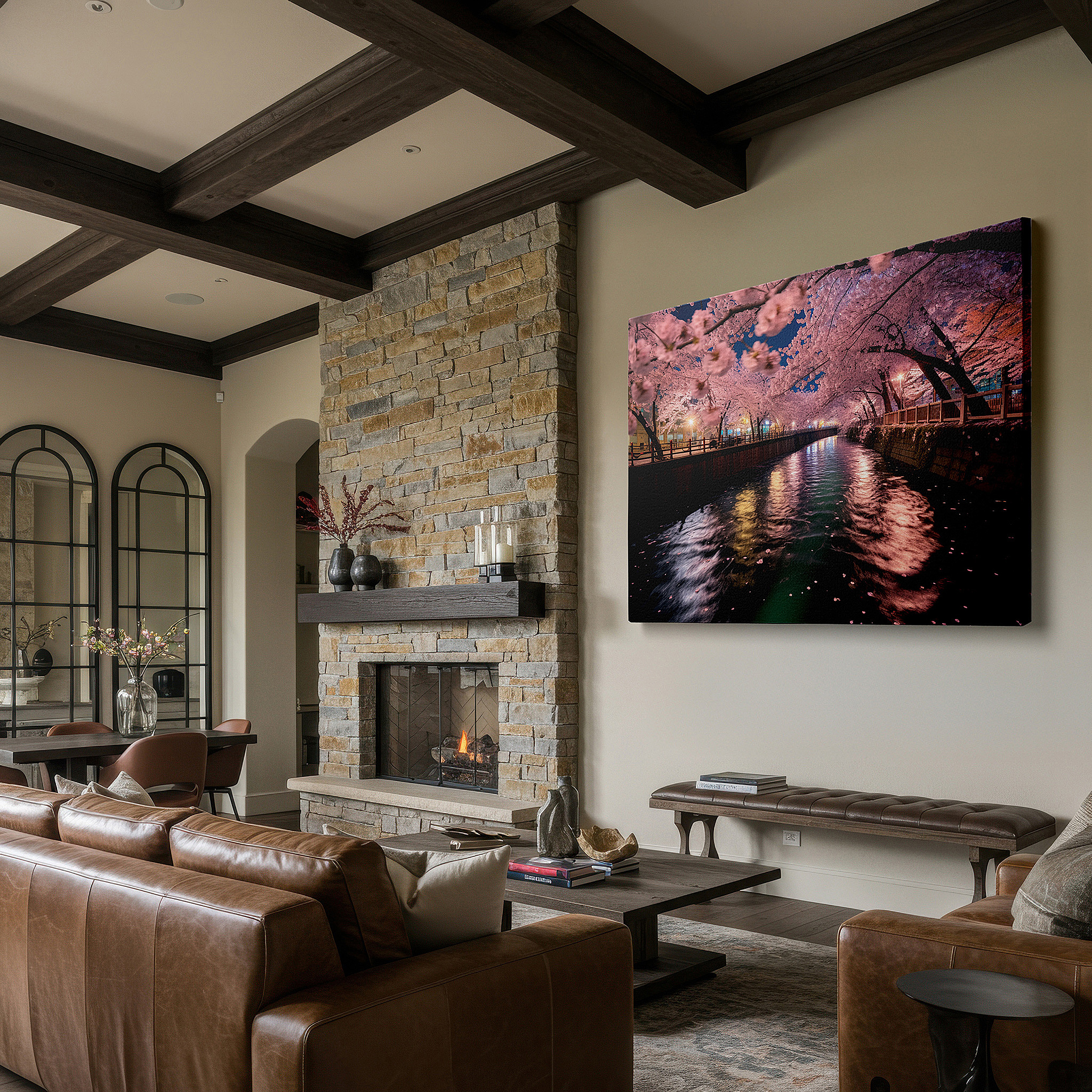 Positioned above a console table between ceramic vases — serene river and cherry blossoms under a starlit sky: large canvas wall art for office, bedroom, and living room decor