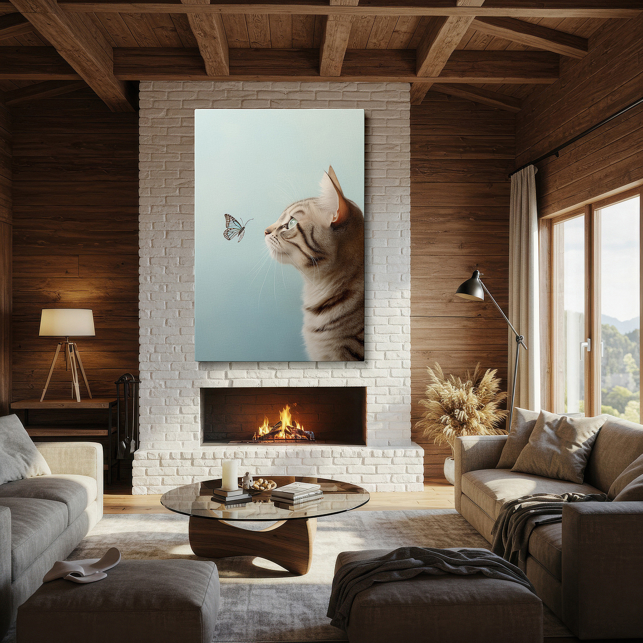 Positioned above a console table between ceramic vases — serene scene of a cat meeting a butterfly in nature large wall art, canvas print, home and office decor
