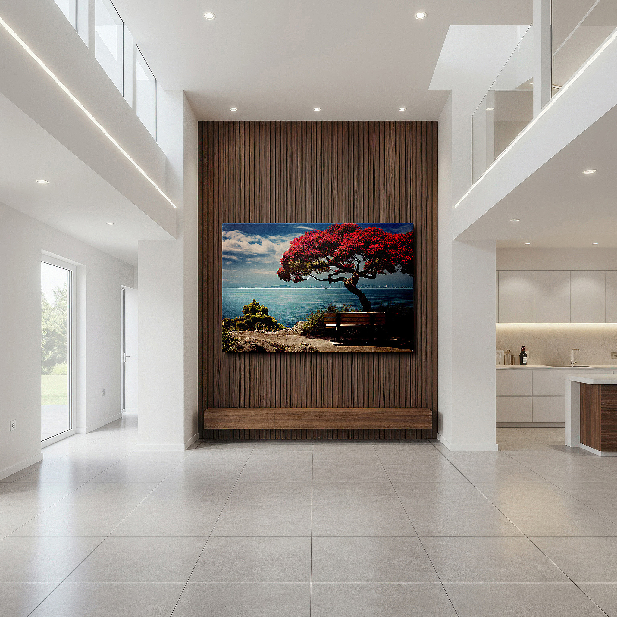 Positioned above a console table between ceramic vases — serene seaside view with red tree and bench large canvas wall art, decorative wall art for office, bedroom, and living room