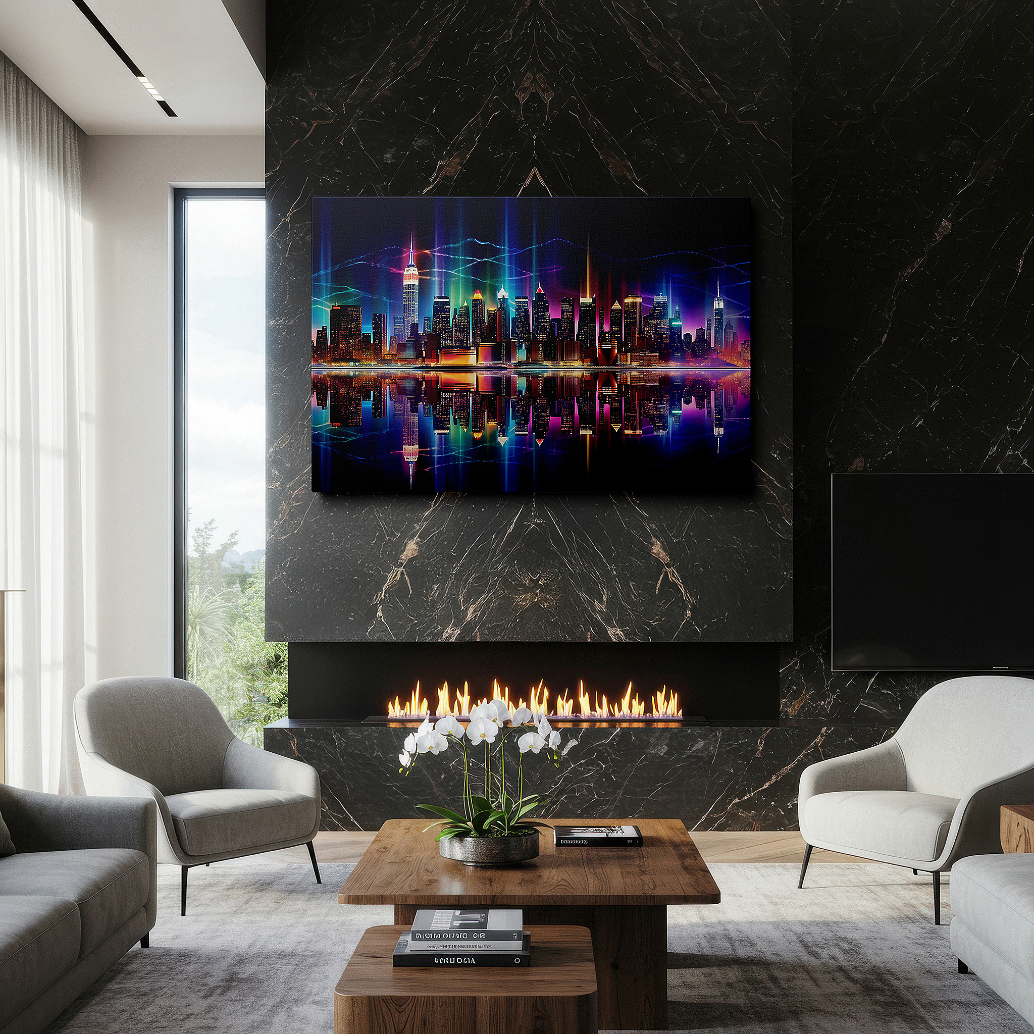 Positioned above a console table between ceramic vases — serene urban night canvas: vibrant skyline and reflective waters - large wall art for office and bedroom decor