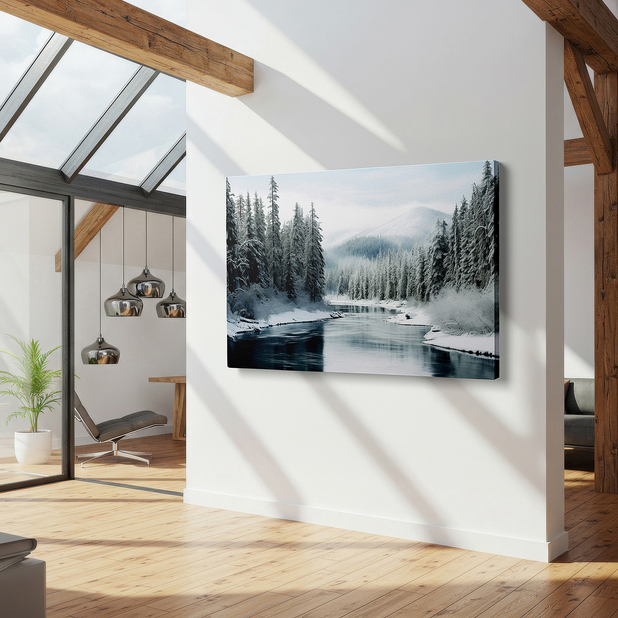 Positioned above a console table between ceramic vases — serene winter river scene, peaceful snow-covered forest journey large wall art, canvas wall art, wall decor for office and bedroom