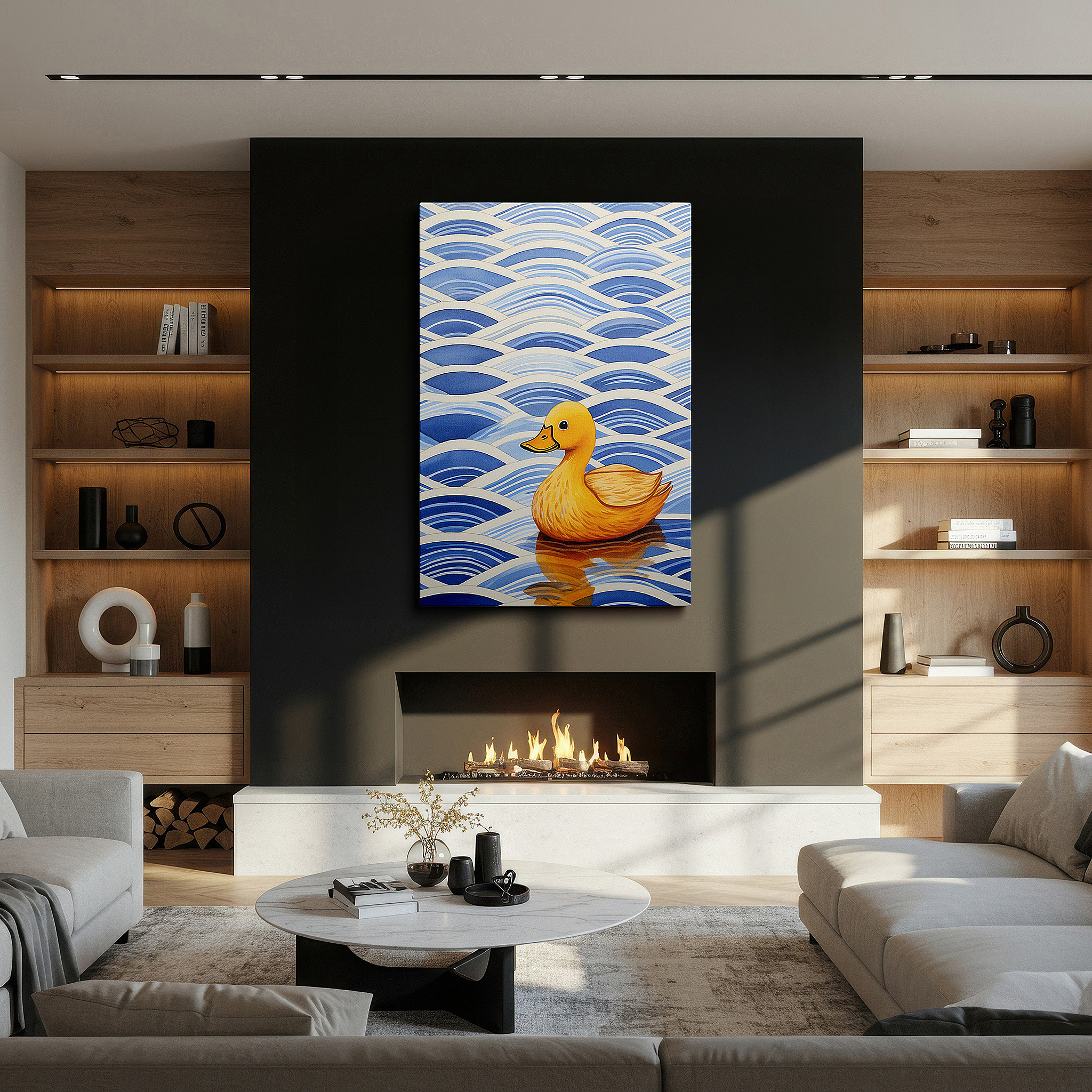 Positioned above a console table between ceramic vases — serene yellow duck on peaceful blue waters, emblem of joy and serenity, large canvas wall art for home and office decor