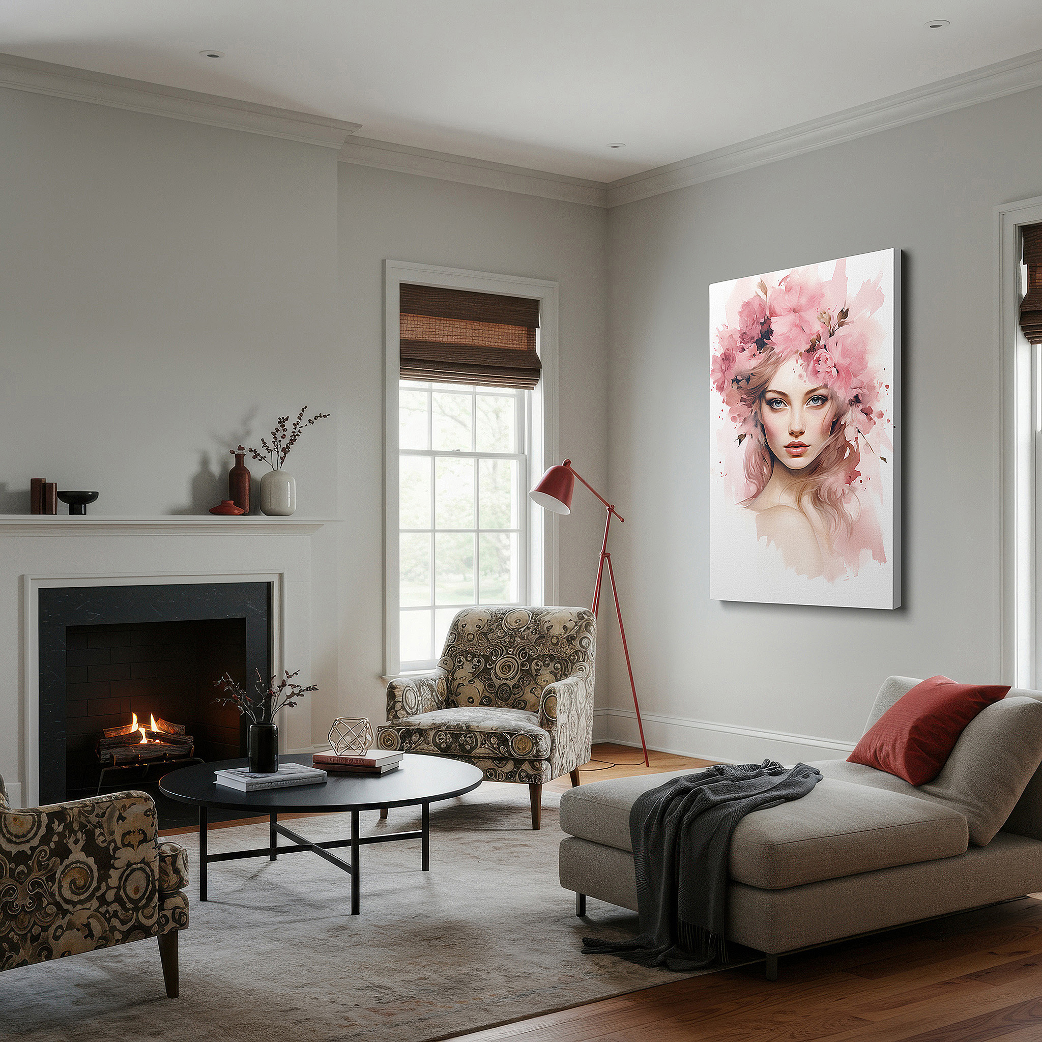 Positioned above a console table between ceramic vases — serene young woman surrounded by bright pink blossoms large wall art, canvas wall art, wall decor for office and bedroom