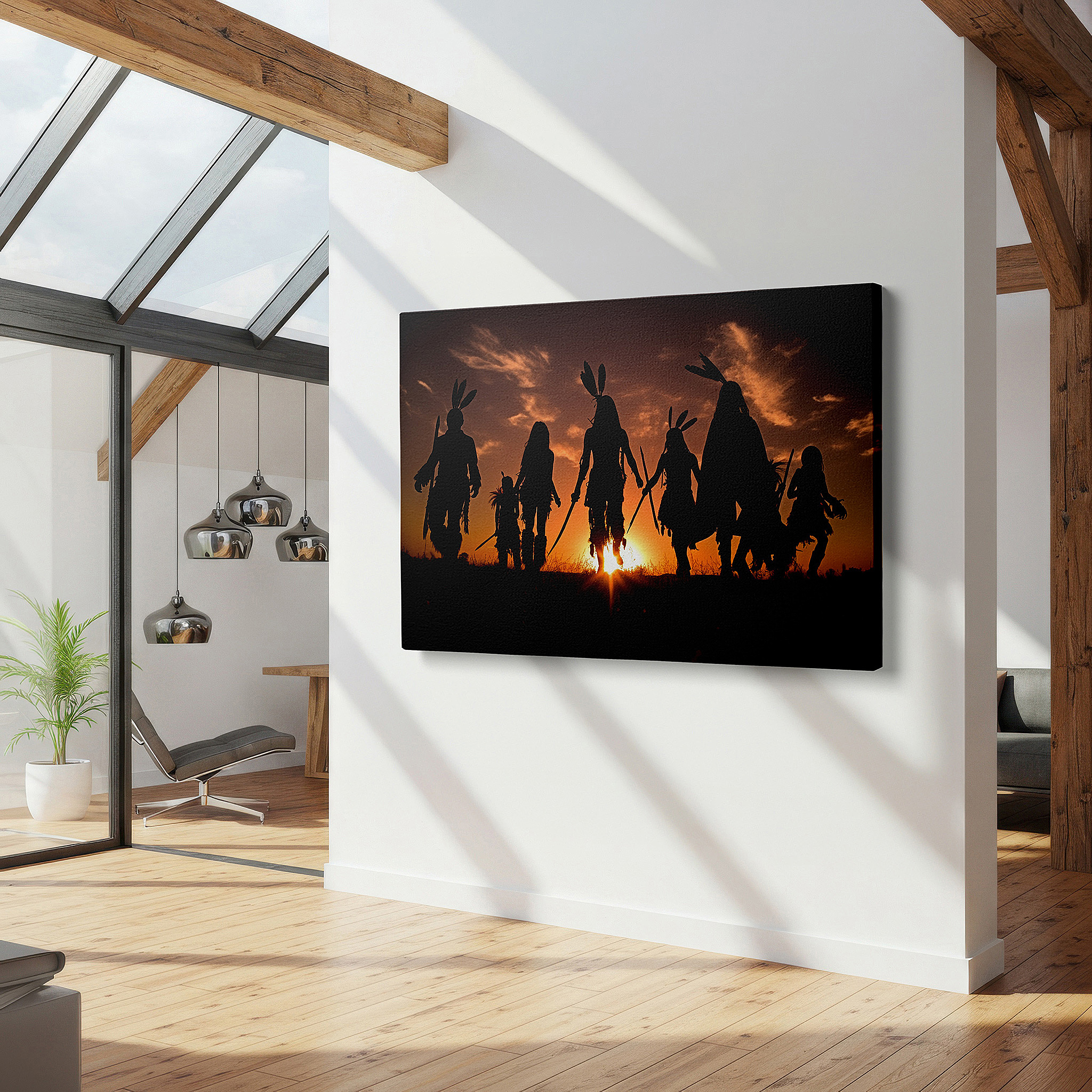 Positioned above a console table between ceramic vases — silhouettes dancing against a fiery sunset: a celebration of unity and joy - large canvas wall art for home and office decor