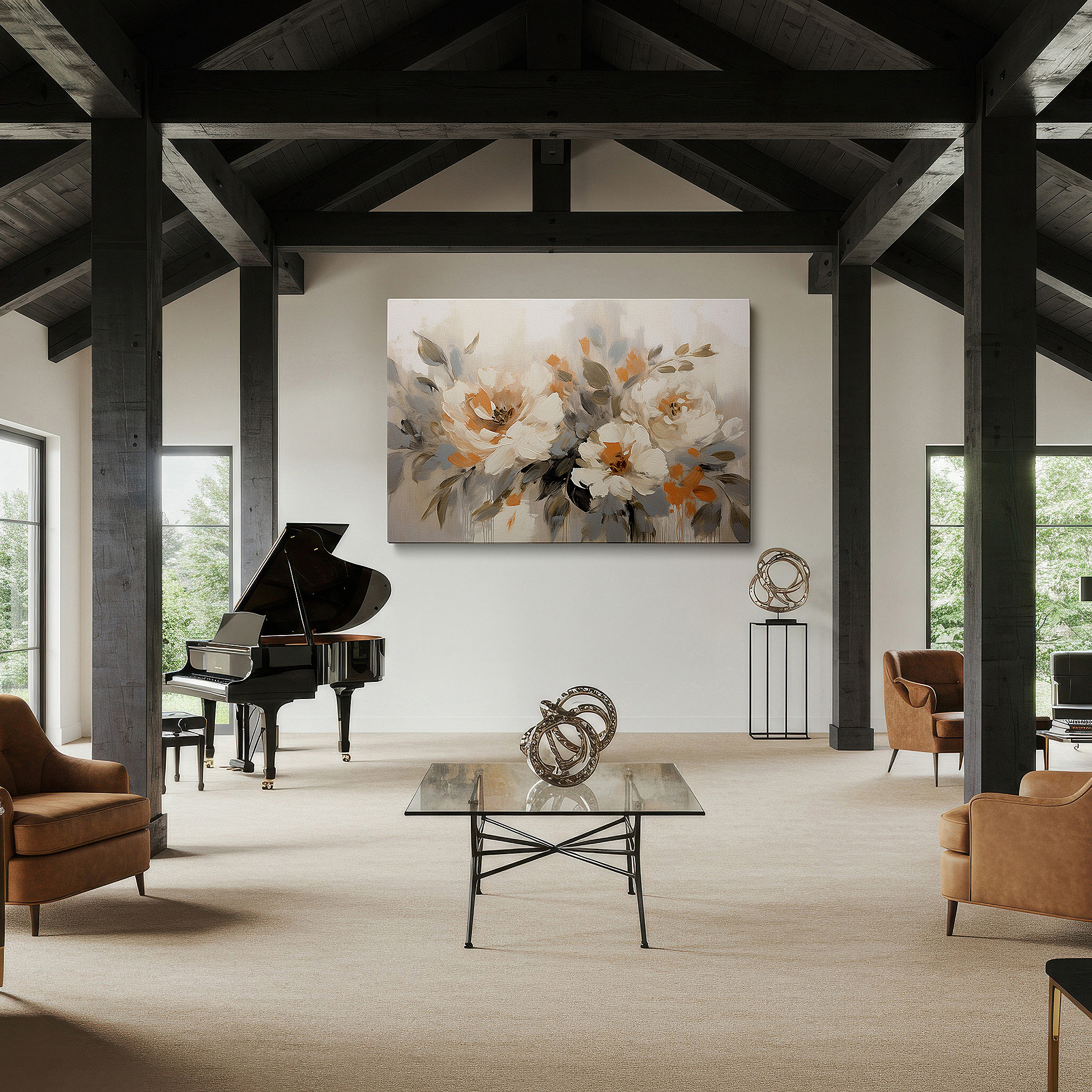 Positioned above a console table between ceramic vases — soft-hued flower sanctuary: tranquil and serene large wall art, canvas decor for office and bedroom
