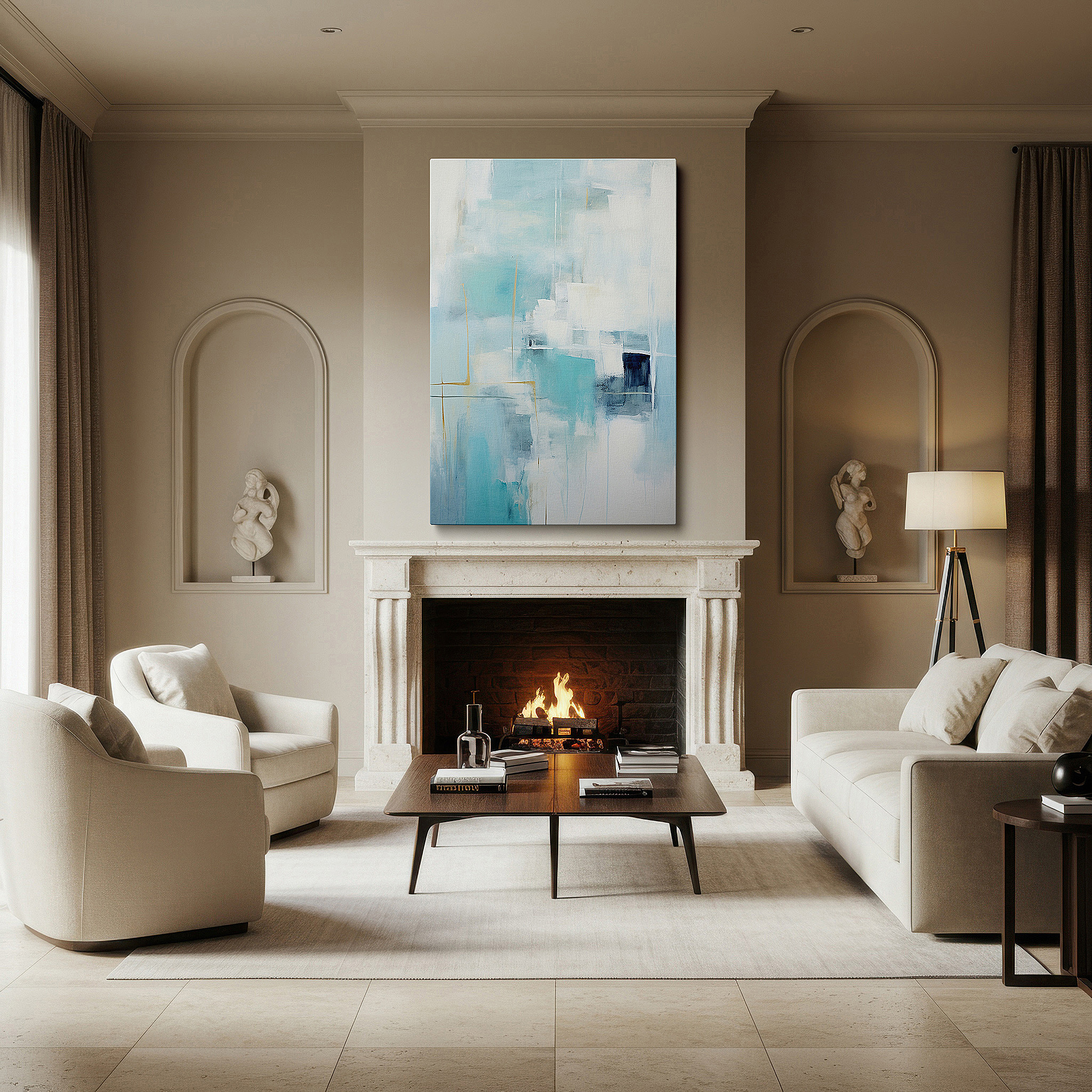 Positioned above a console table between ceramic vases — soothing blue sanctuary: serene abstract landscape for peaceful reflection, large canvas wall art decor