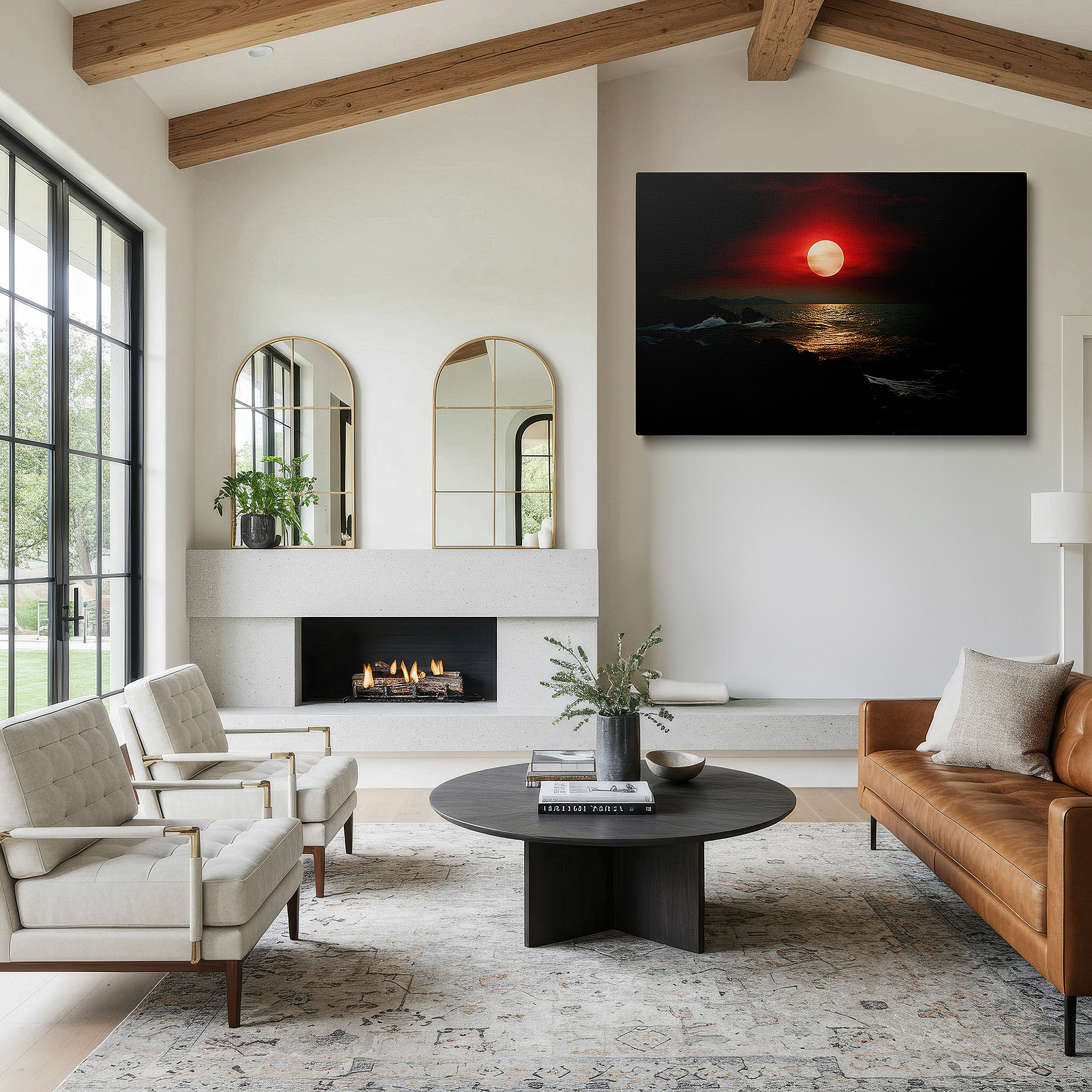 Positioned above a console table between ceramic vases — sunset ablaze: vivid reds reflecting on ocean waves against a dark coastline - large canvas wall art for home and office decor