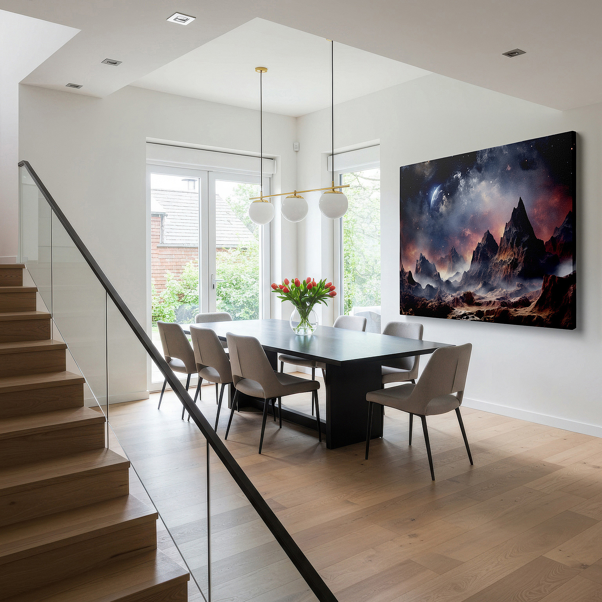 Positioned above a console table between ceramic vases — surreal alien landscape wall art: ethereal mountains and cosmic splendor - large canvas art for office and bedroom decor