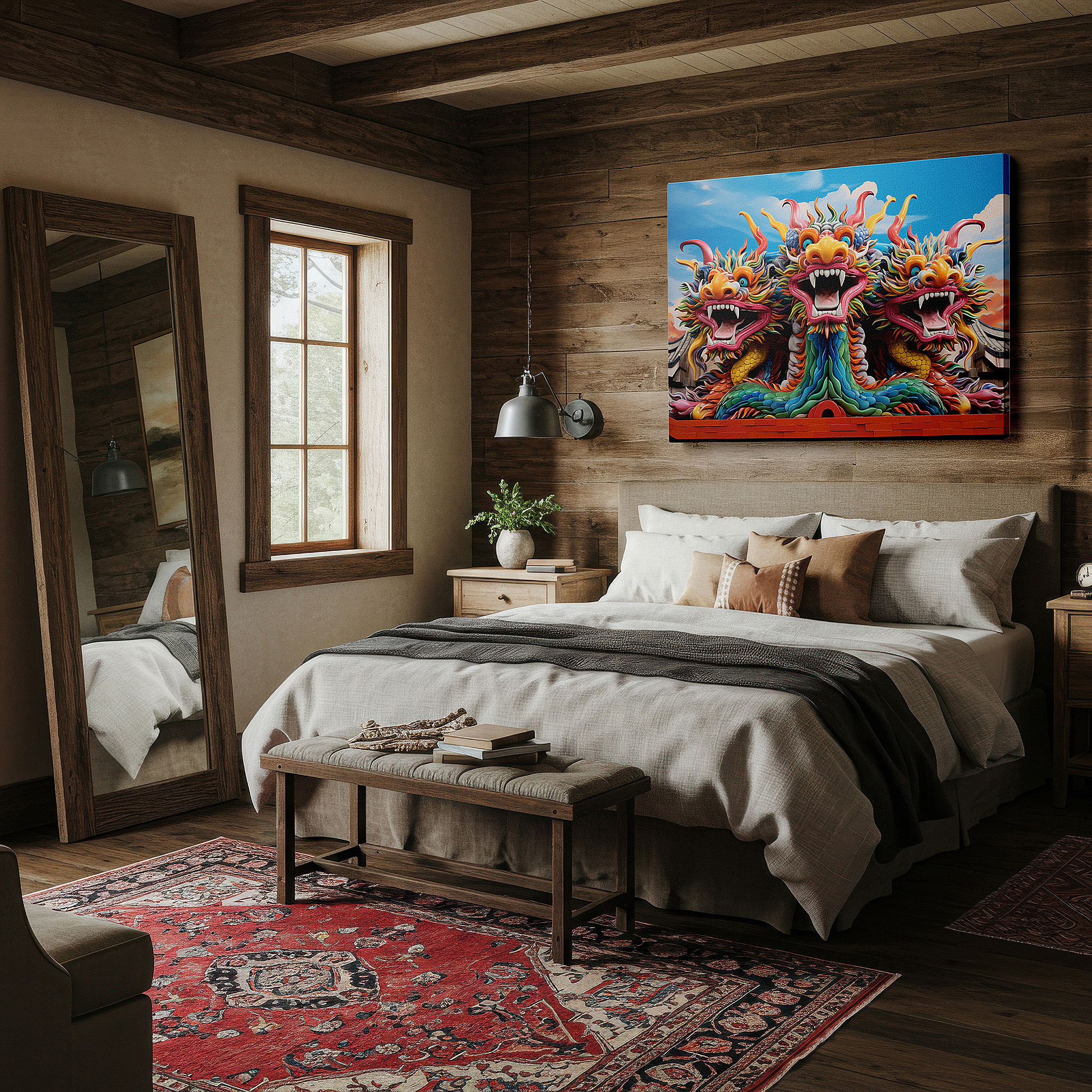 Positioned above a console table between ceramic vases — three-headed dragon wall art: a majestic and symbolic representation of asian mythology, ideal for home and office decor, available as large canvas wall art