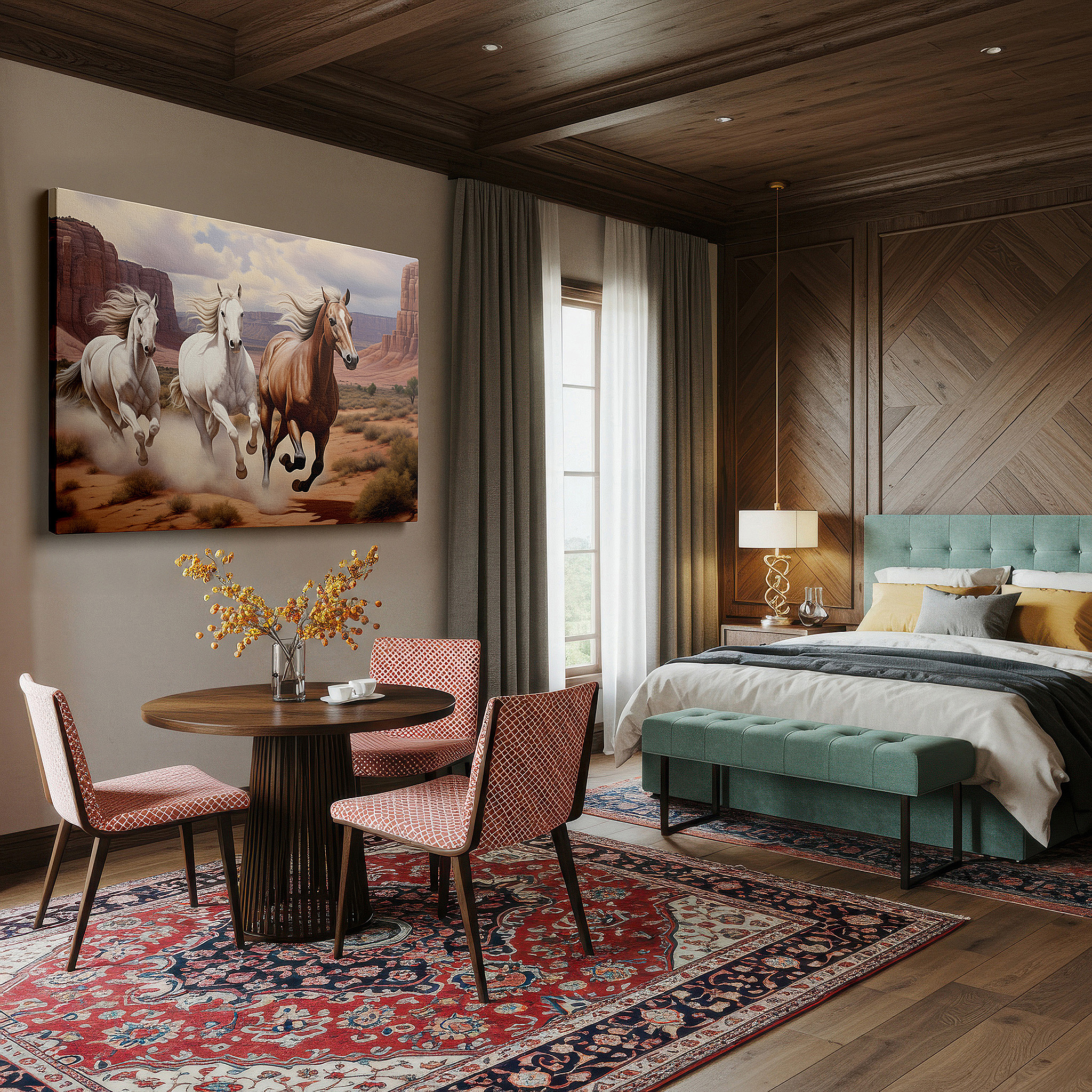 Positioned above a console table between ceramic vases — three horses galloping across desert landscape beneath stunning red rocks and blue sky, large canvas wall art for office decor