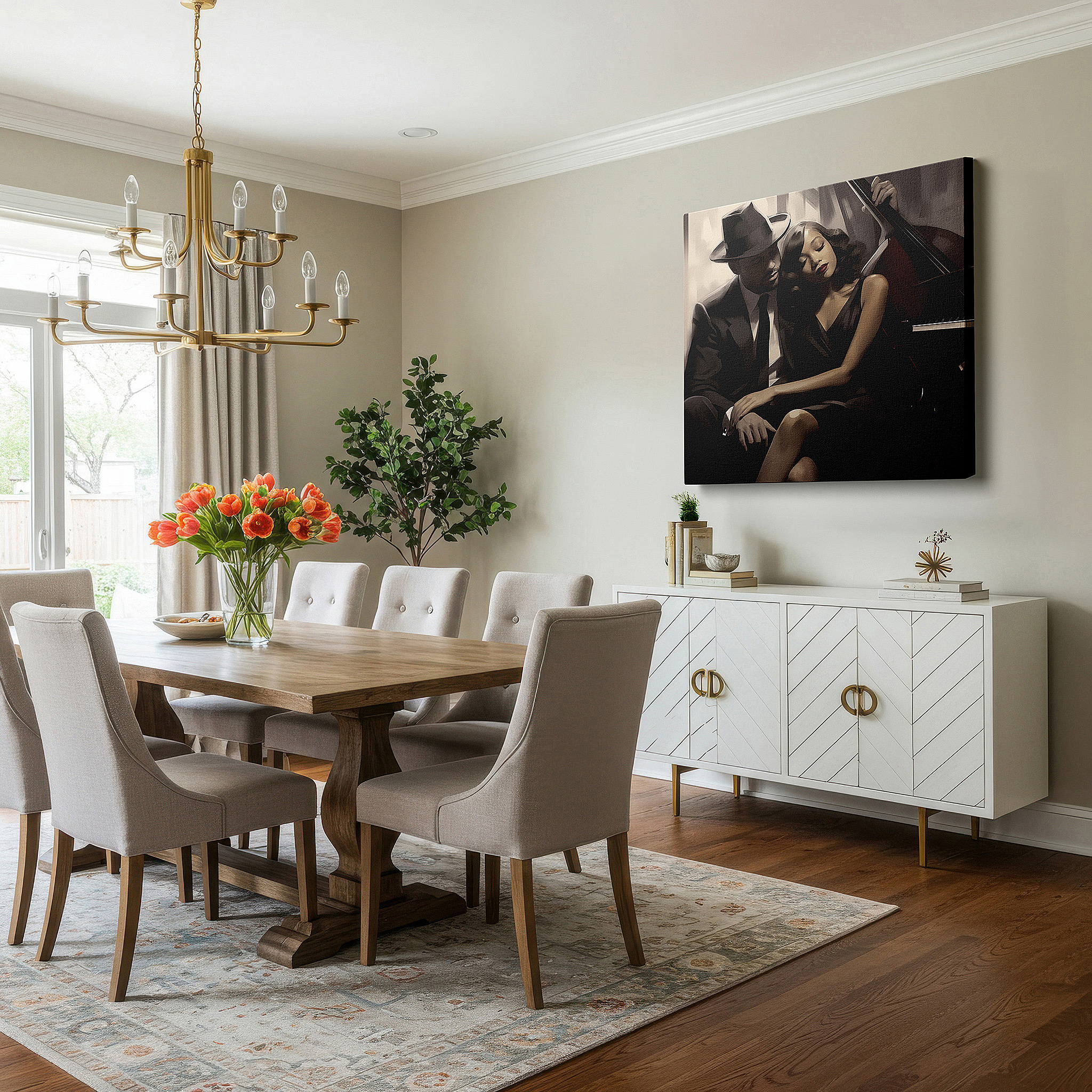 Positioned above a console table between ceramic vases — timeless love and music in black and white: a romantic symphony of intimacy and artistic expression - large canvas wall art