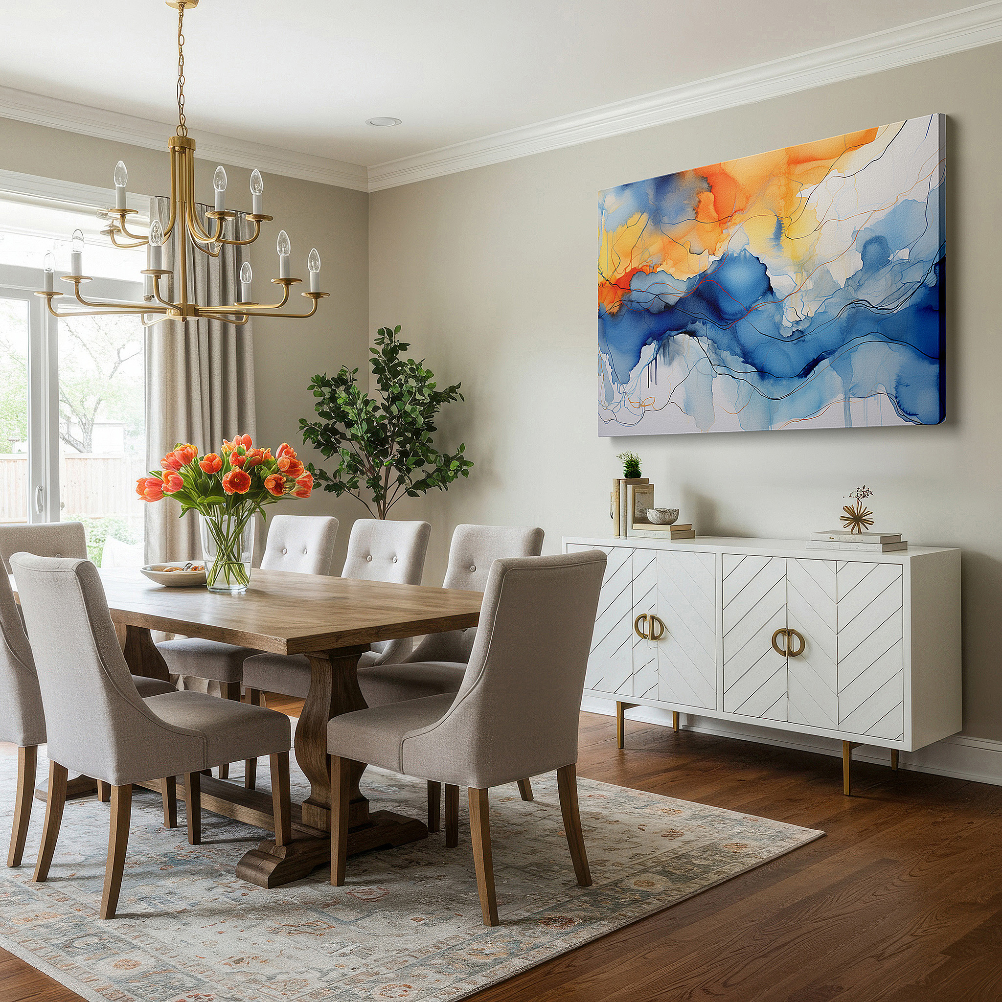 Positioned above a console table between ceramic vases — a tranquil fusion of ocean blues and sunset oranges in a graceful display of nature's palette large wall art, canvas wall art, wall decor, office wall art