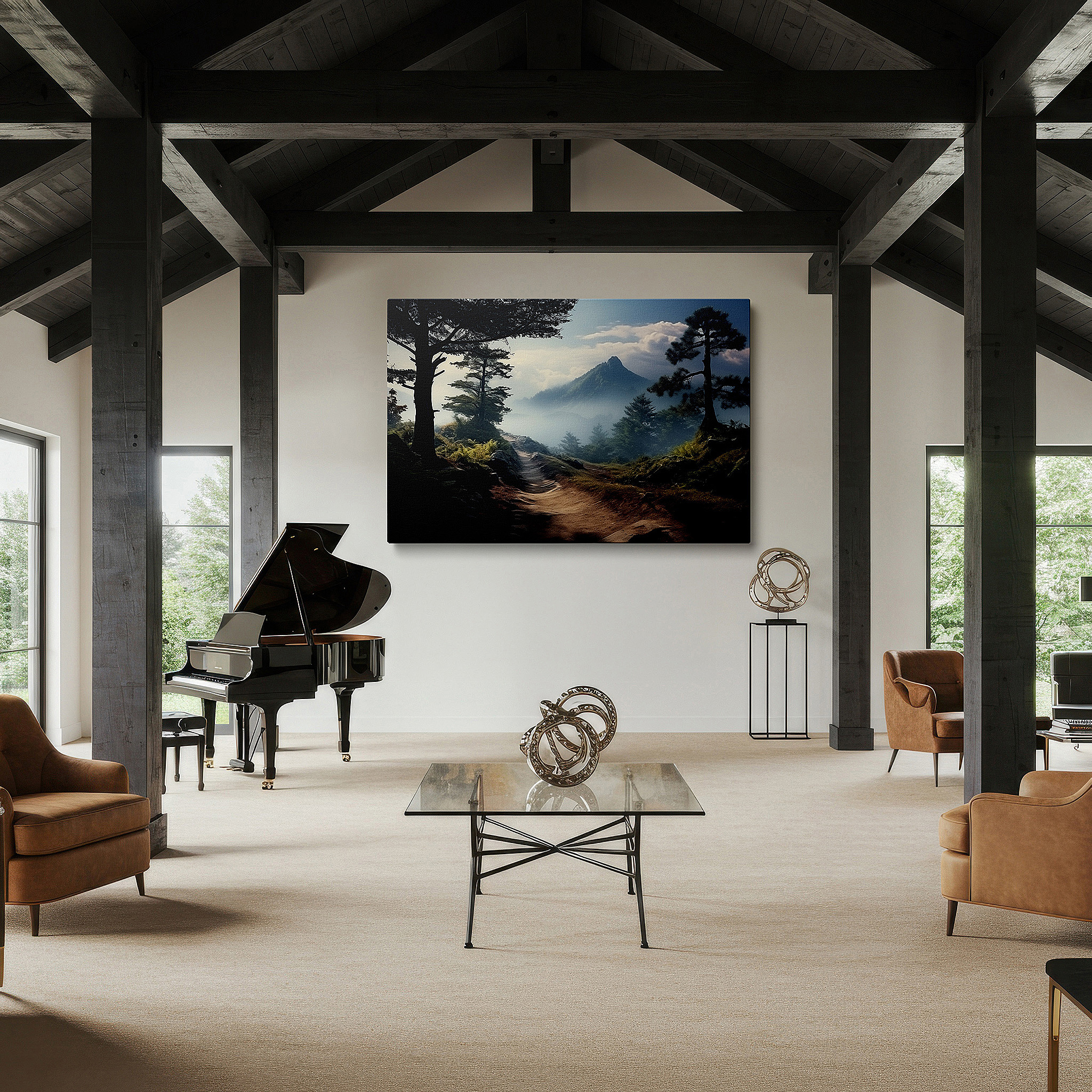 Positioned above a console table between ceramic vases — tranquil mountain trail offers peace and exploration amidst natural beauty large wall art, canvas wall art, wall decor, office wall art