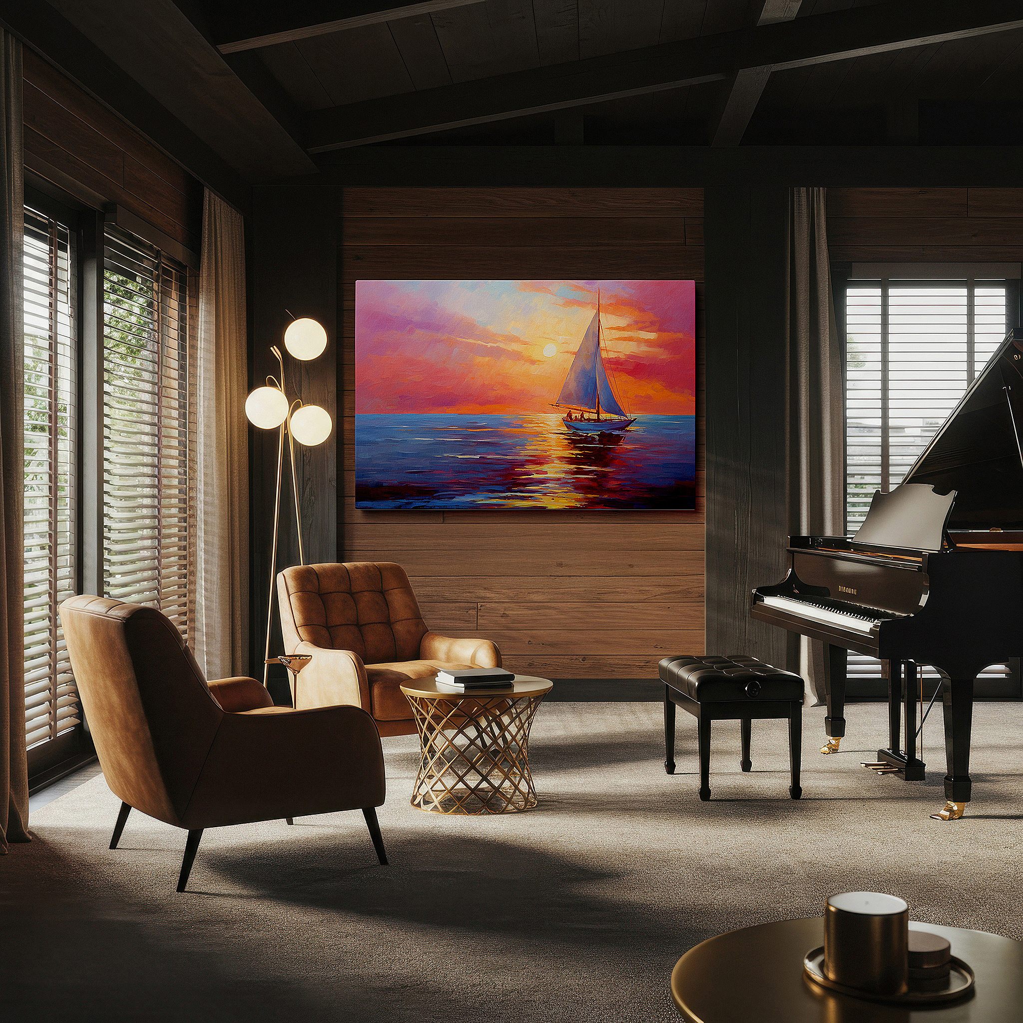Positioned above a console table between ceramic vases — tranquil sailboat journey under a fiery sunset sky - large canvas wall art for office, bedroom, and living room decor