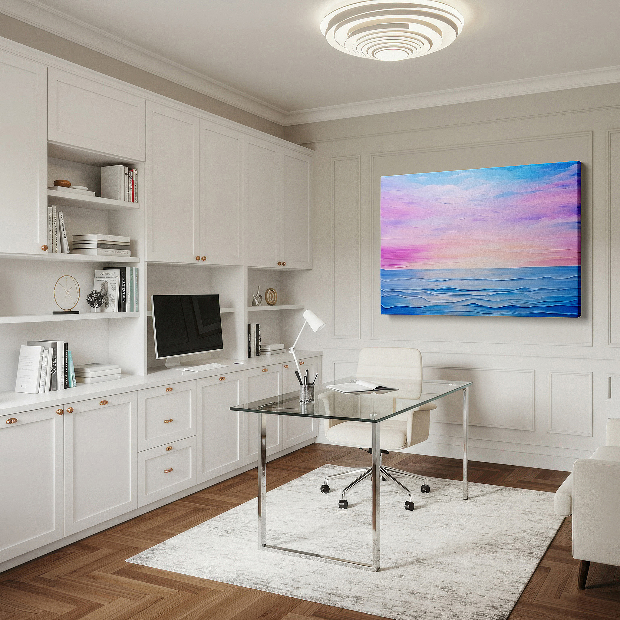 Positioned above a console table between ceramic vases — tranquil seascape at dusk: large canvas wall art featuring gentle waves and pastel hues, perfect for office, bedroom, or living room decor