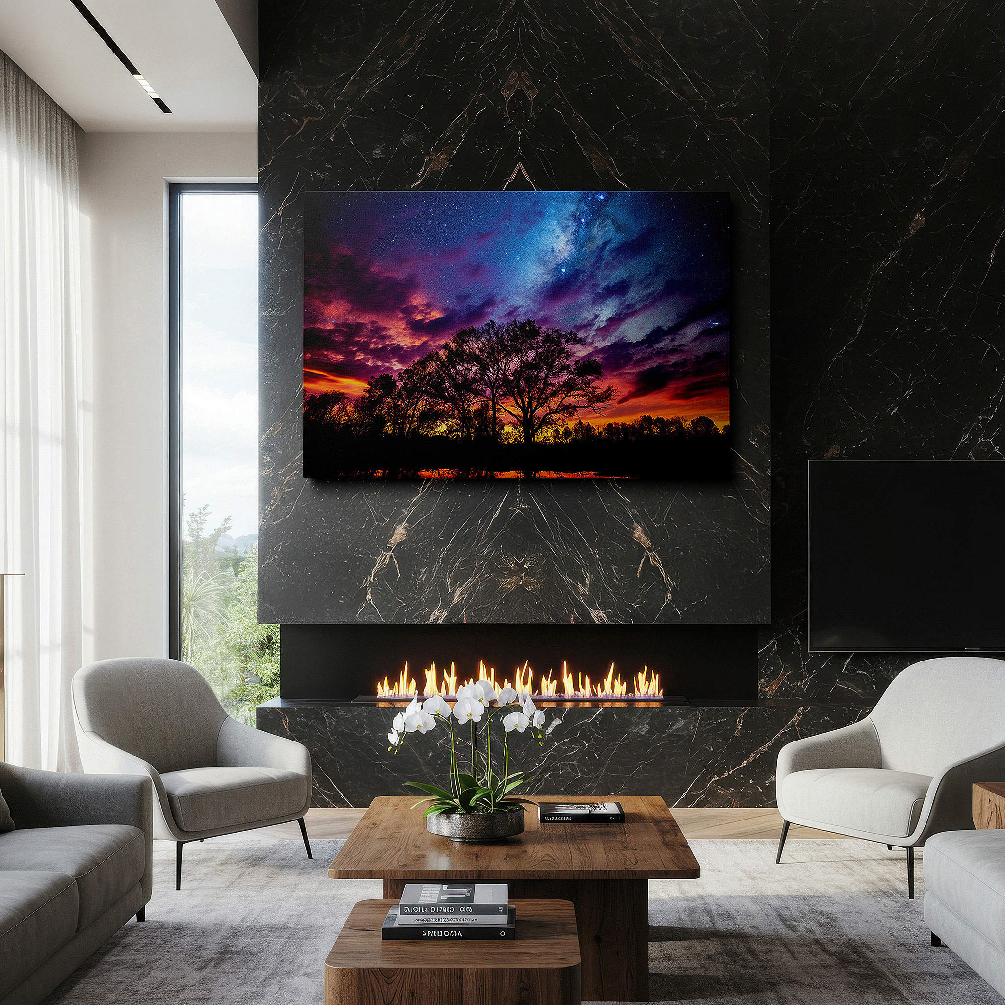 Positioned above a console table between ceramic vases — twilight's poetic grace: a canvas of fiery sunsets and tranquil evening shades - large wall art for bedrooms and offices