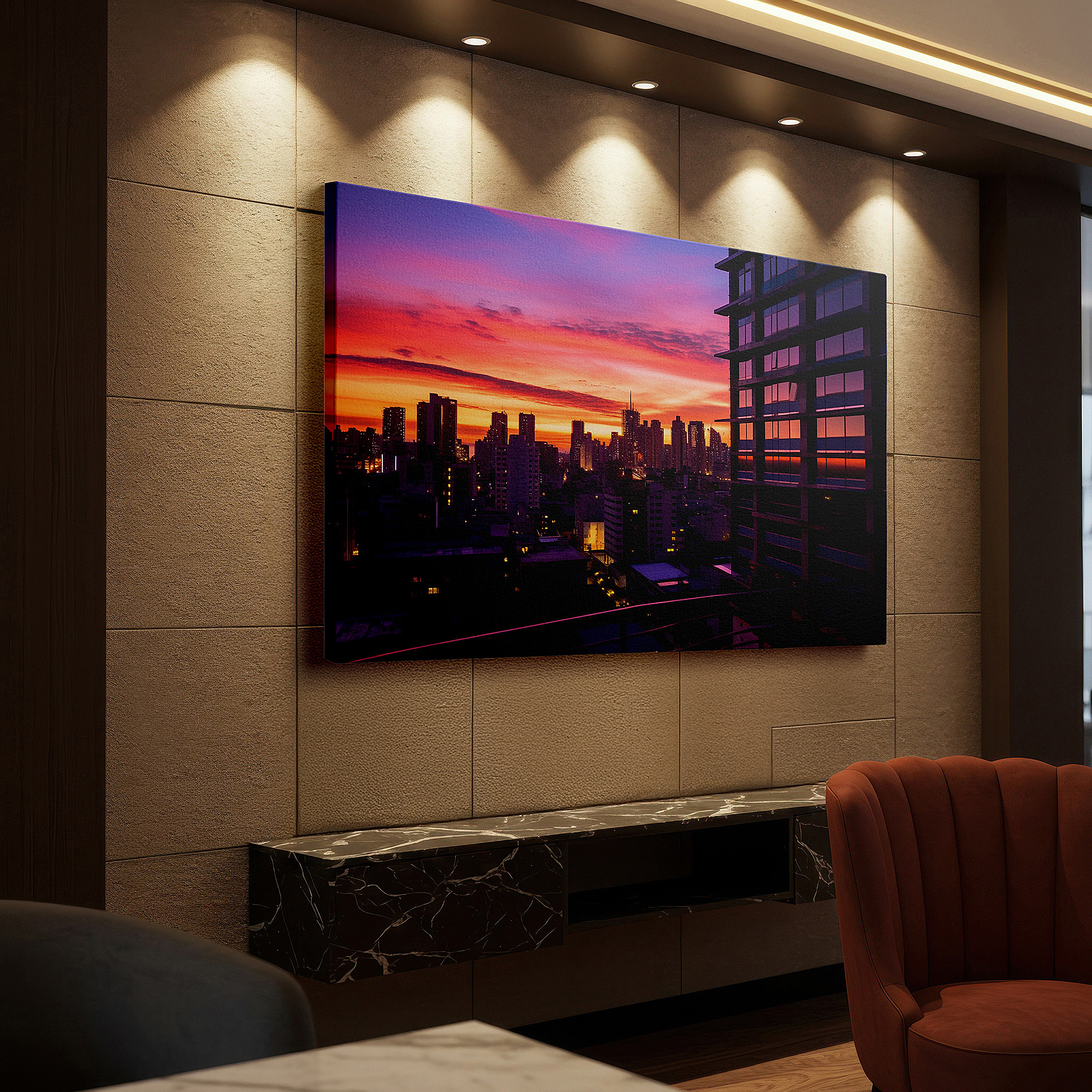 Positioned above a console table between ceramic vases — urban sunset above glass skyscrapers - vibrant day to night transition large wall art, canvas wall art, wall decor, office wall art, bedroom wall art