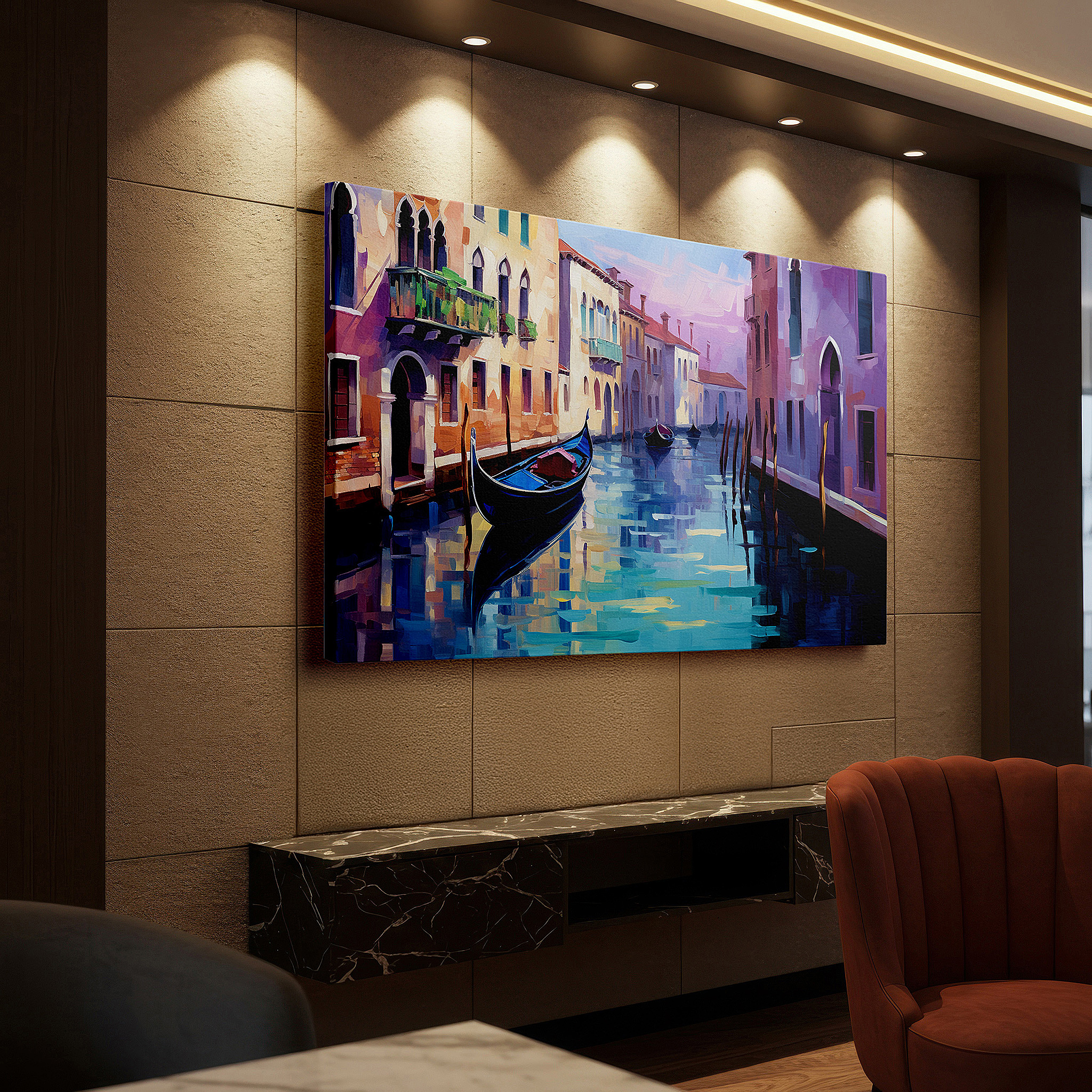 Positioned above a console table between ceramic vases — venetian canal scene: serene water reflections and vibrant buildings - large canvas wall art for office and bedroom decor