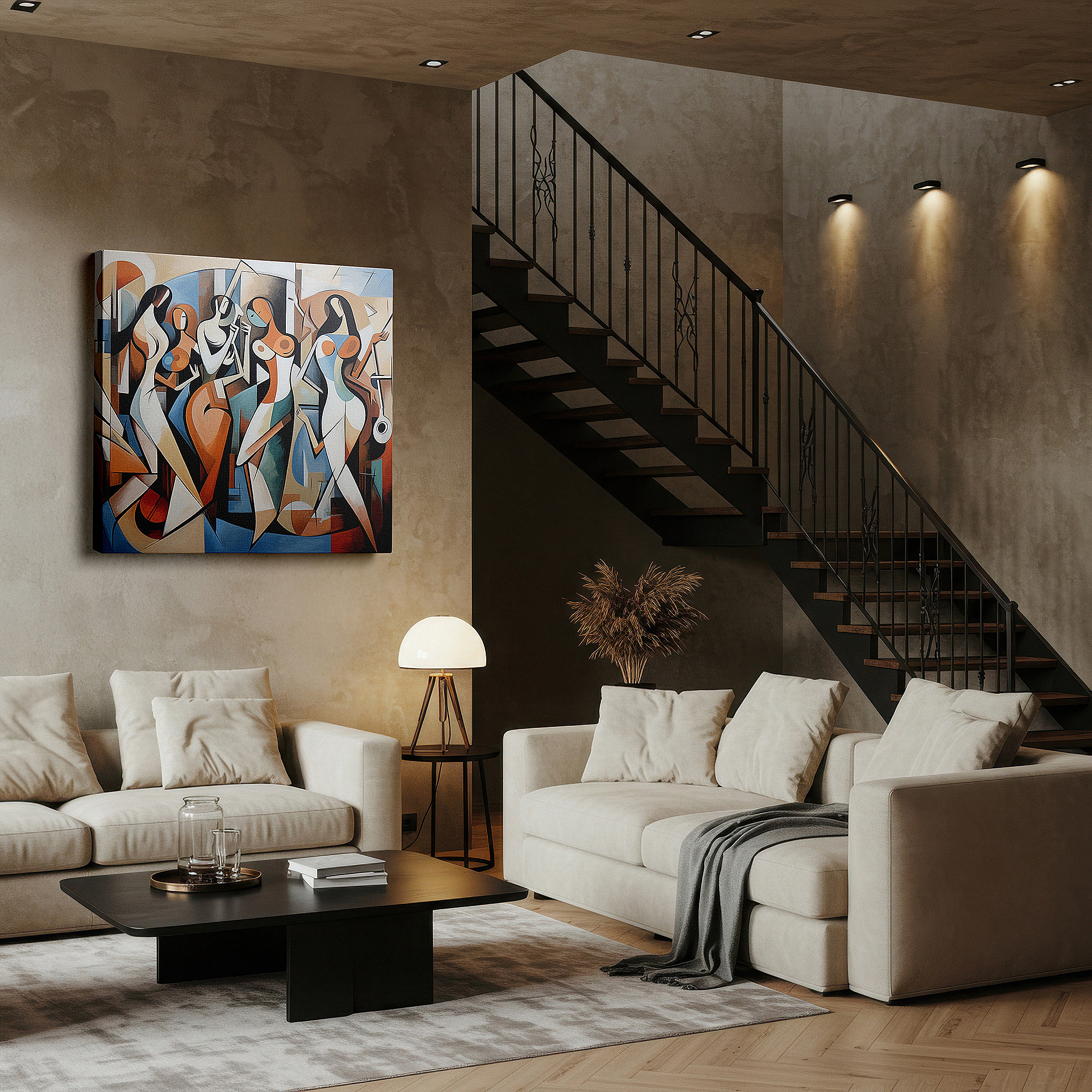 Positioned above a console table between ceramic vases — vibrant abstract forms depicting diversity and unity large wall art, canvas wall art, wall decor for office and bedroom