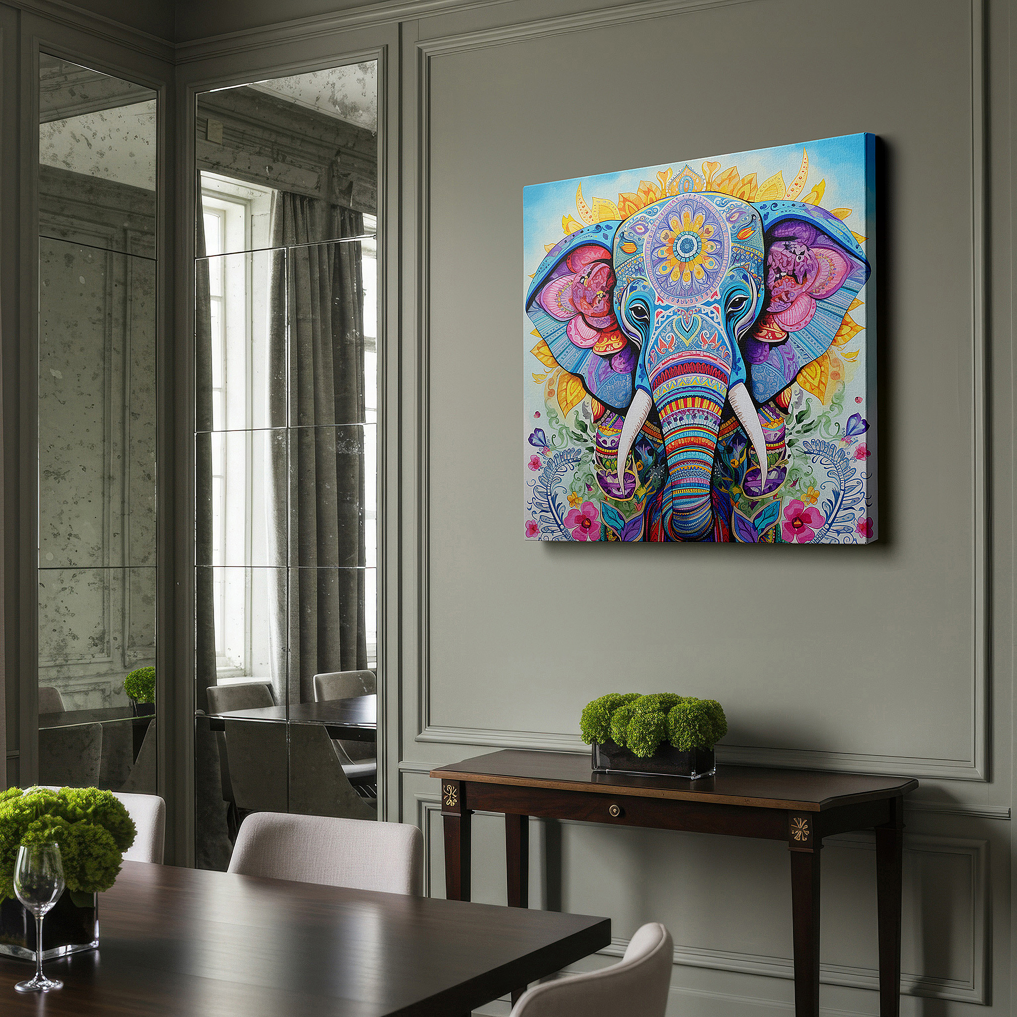 Positioned above a console table between ceramic vases — vibrant elephant canvas featuring floral joy and artistic celebration: large wall art for office and bedroom decor