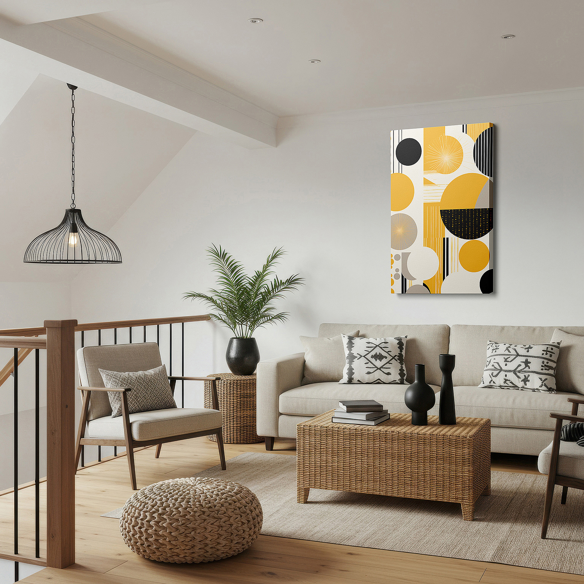 Positioned above a console table between ceramic vases — vibrant interaction of geometric forms in striking yellow and rich black hues, oversized wall art, canvas art, home and office decor, bedroom wall art