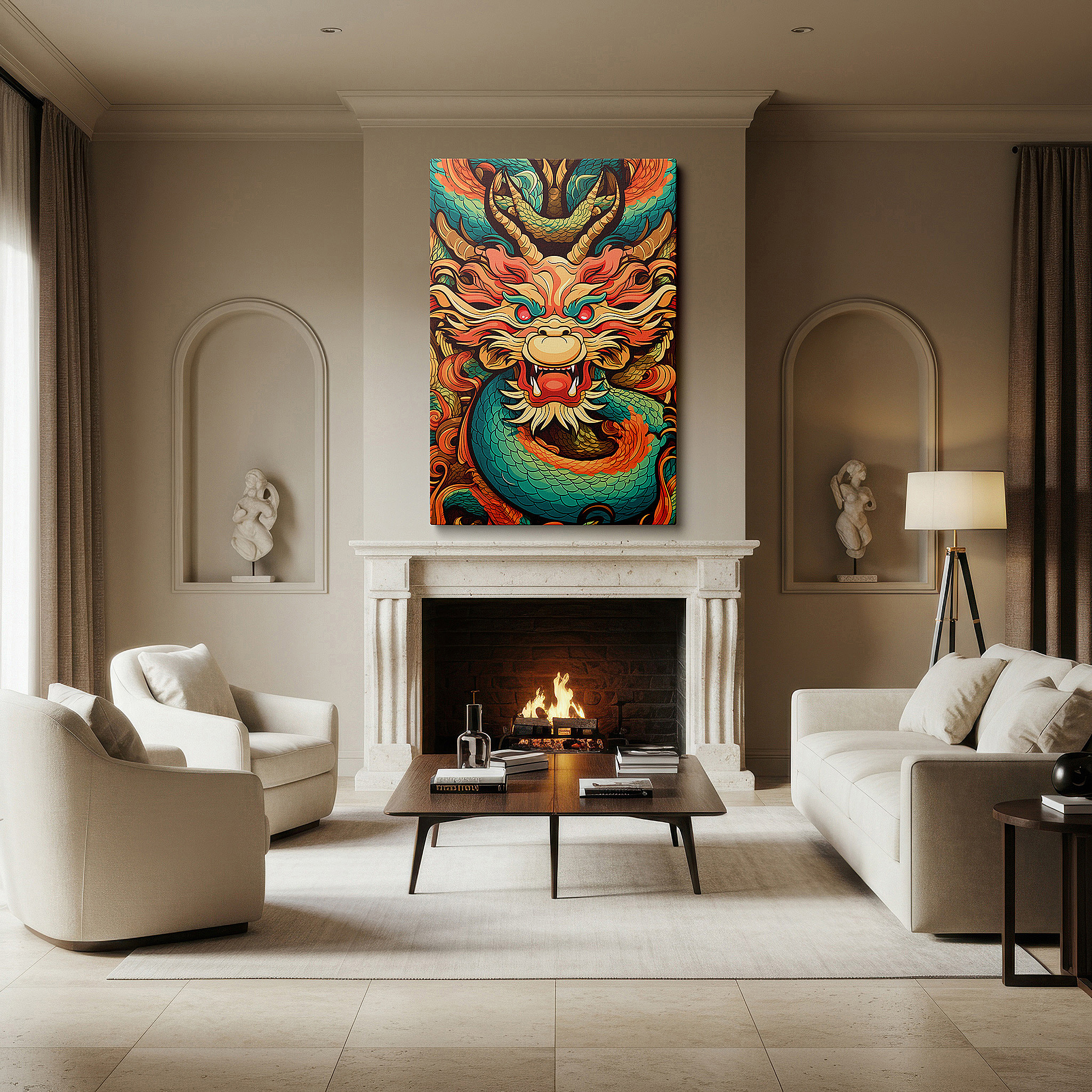 Positioned above a console table between ceramic vases — vibrant mythical dragon portrait, symbolizing strength and wisdom, large canvas wall art for office decor
