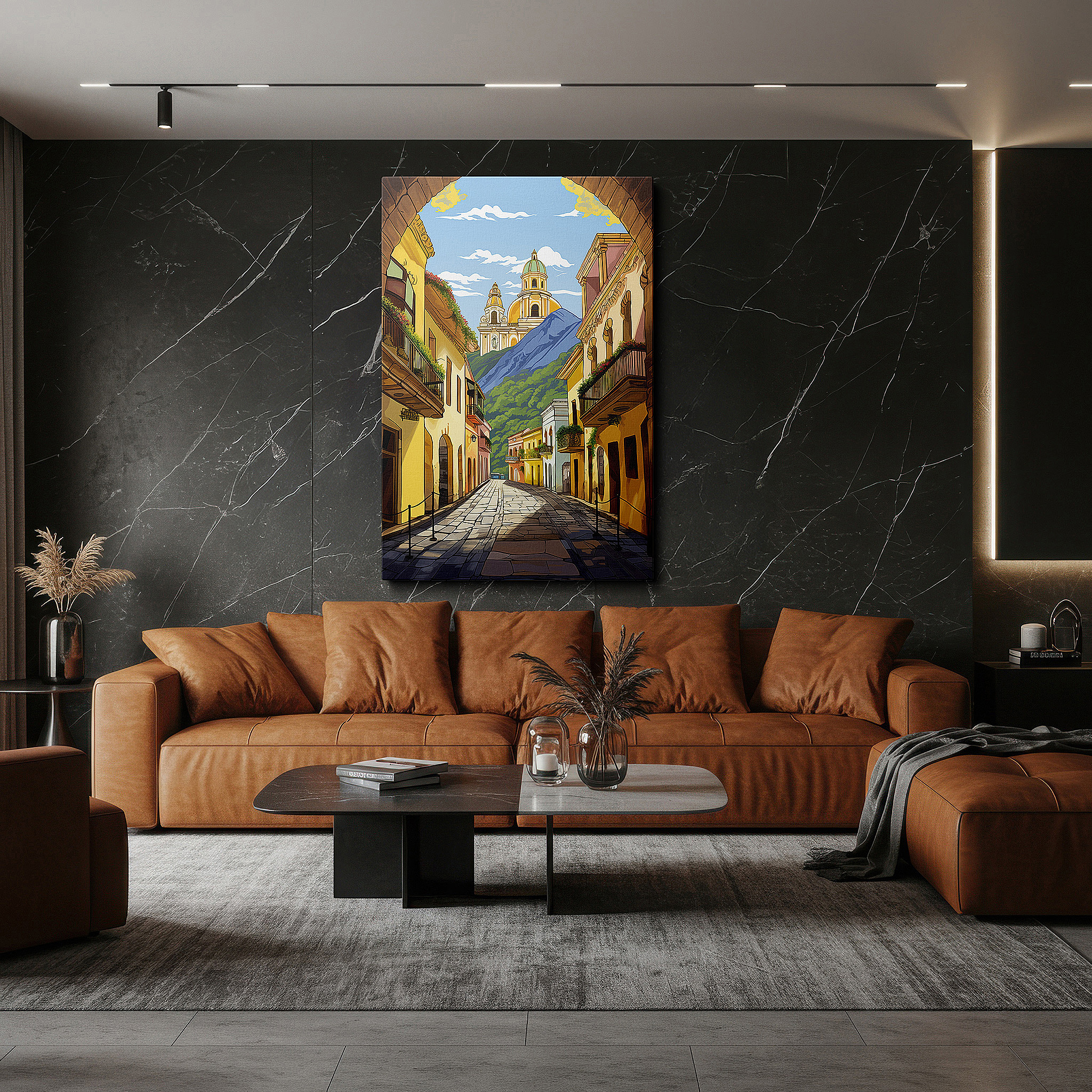 Positioned above a console table between ceramic vases — vibrant village scenes and majestic mountain views: large canvas wall art for home and office decor