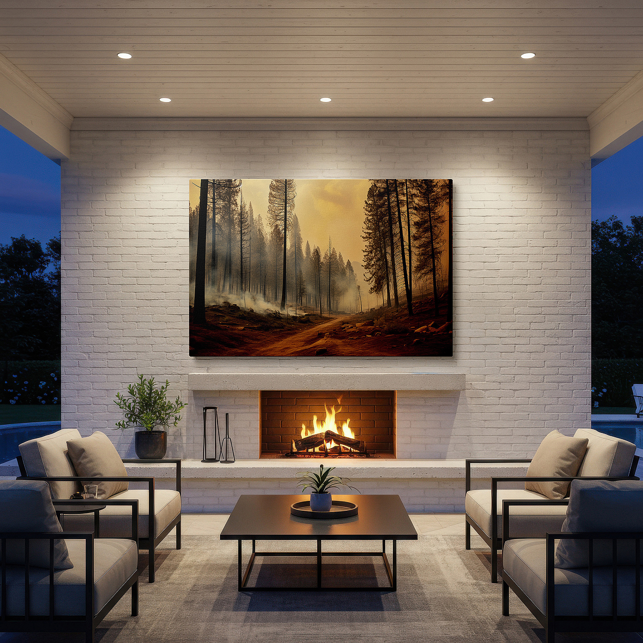 Positioned above a console table between ceramic vases — wall art: charred forest resilience - a poignant reflection on nature's cycle of destruction and renewal. large canvas wall art for home and office decor.