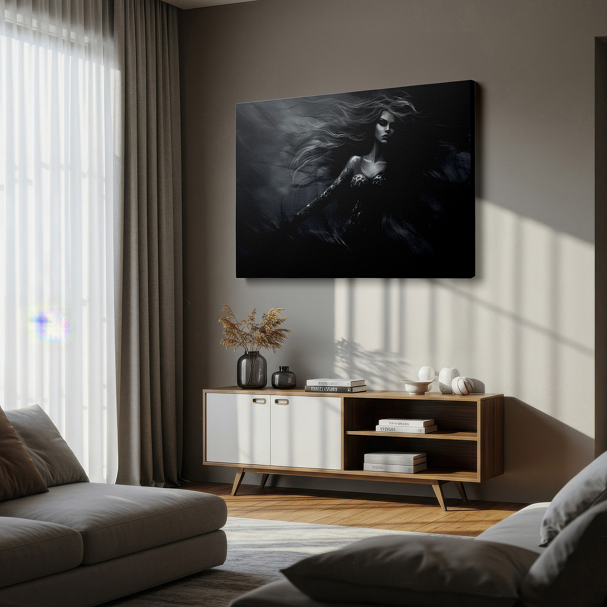 Positioned above a console table between ceramic vases — wall art: enigmatic charm in black and white - a striking dance of shadows and light. ideal for living rooms, offices, and bedrooms.