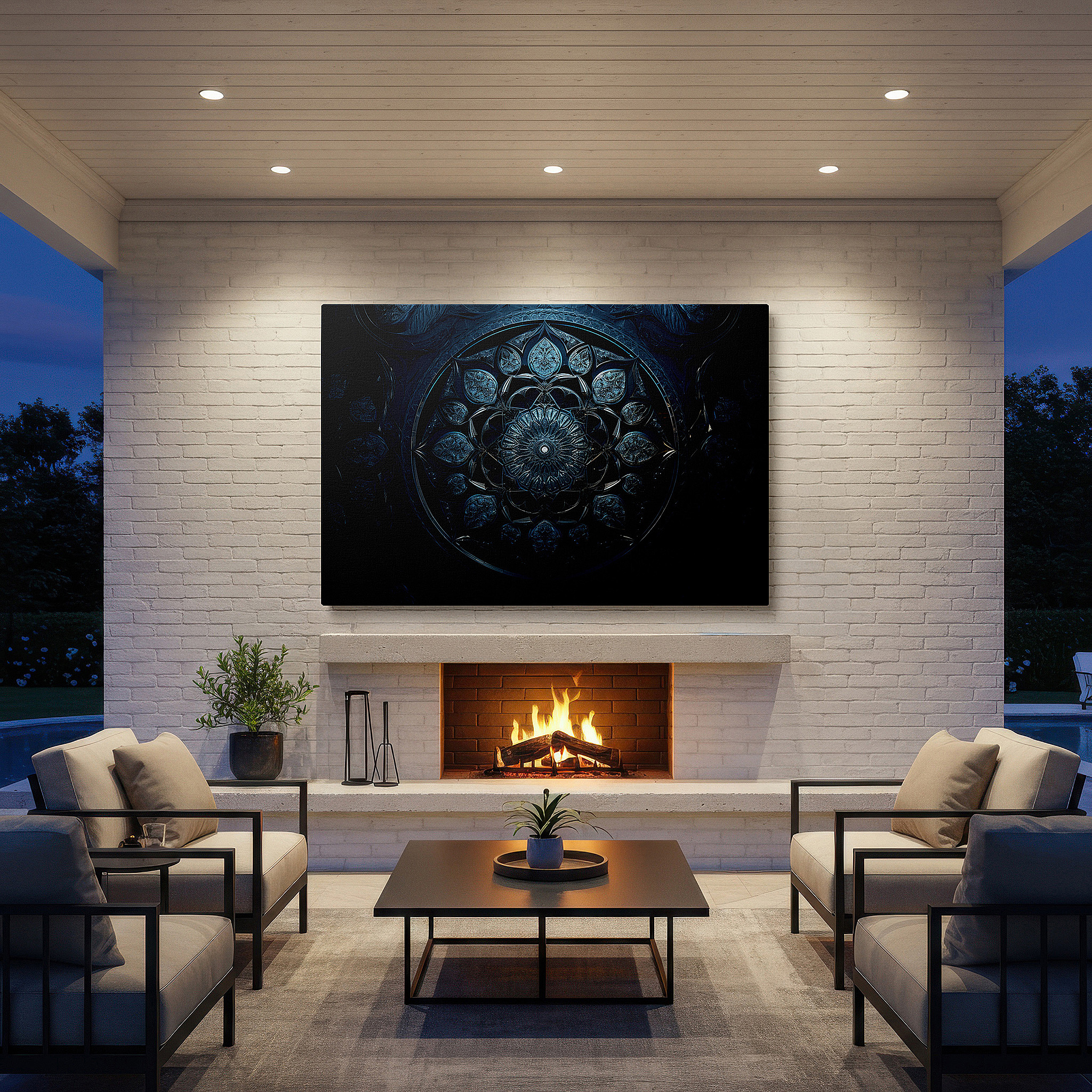 Positioned above a console table between ceramic vases — wall art: large deep blue mandala featuring floral motifs, symbolizing infinity and the eternal cycle of life - canvas wall art for office decor