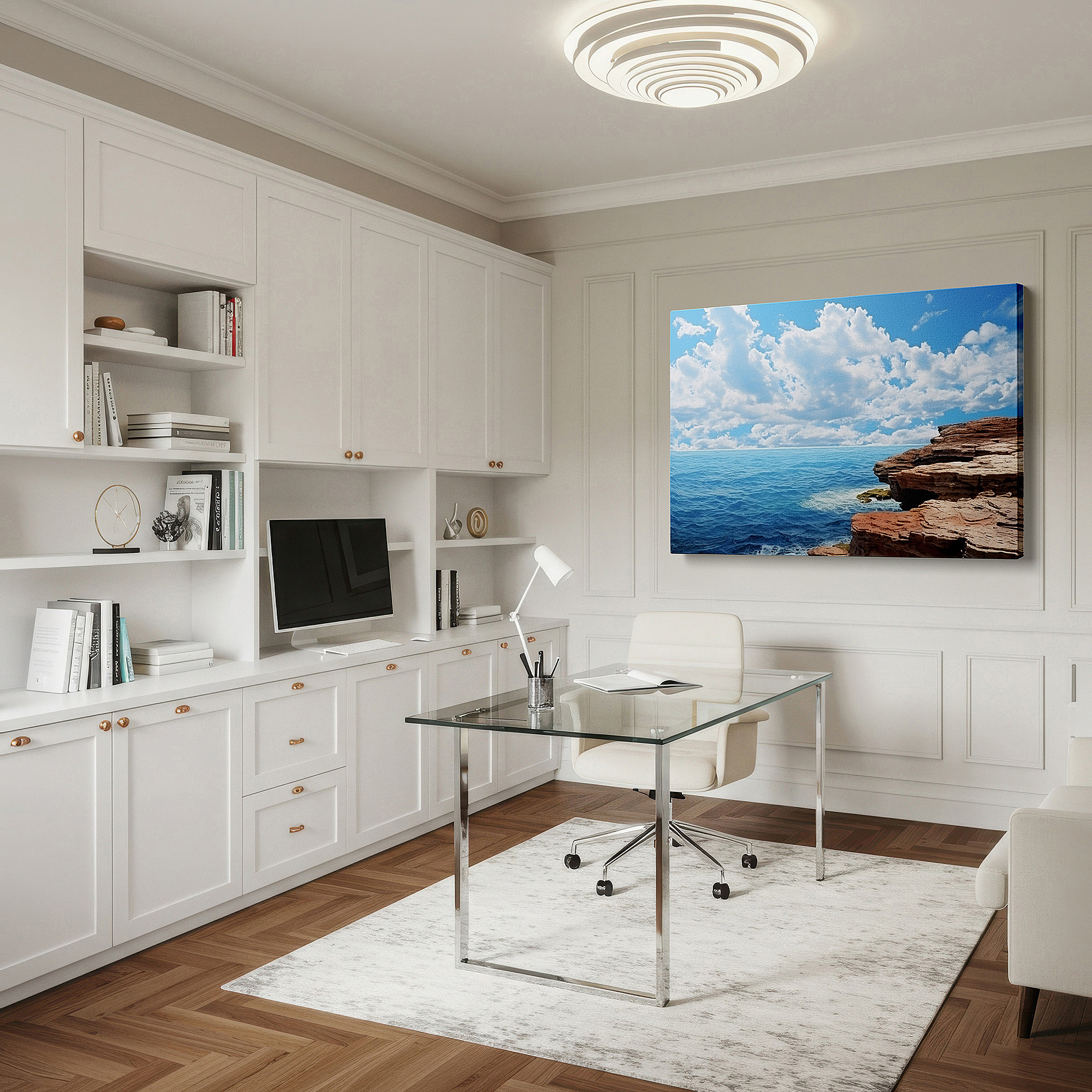 Positioned above a console table between ceramic vases — wall art: majestic cliffs and tranquil seas beneath expansive skies - nature's splendid dance. large canvas wall art for home and office decor.