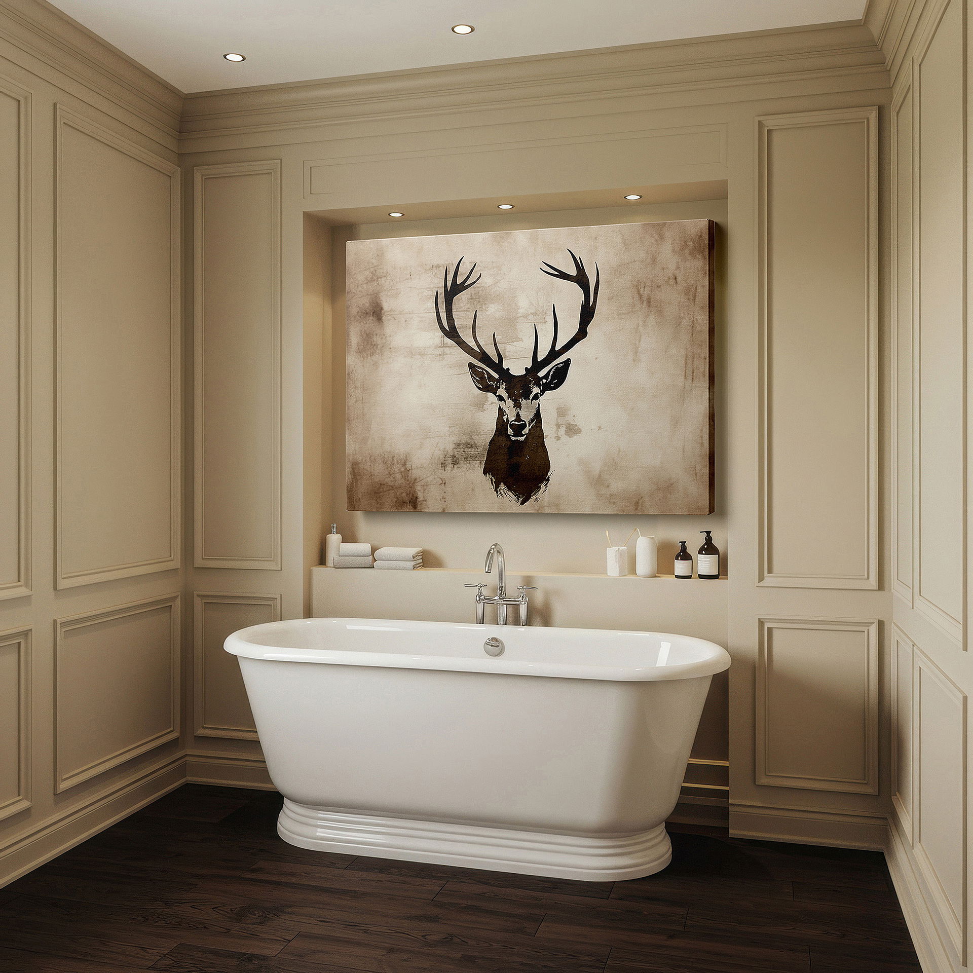 Positioned above a console table between ceramic vases — wall art: majestic stag at dawn, emblem of wild elegance and