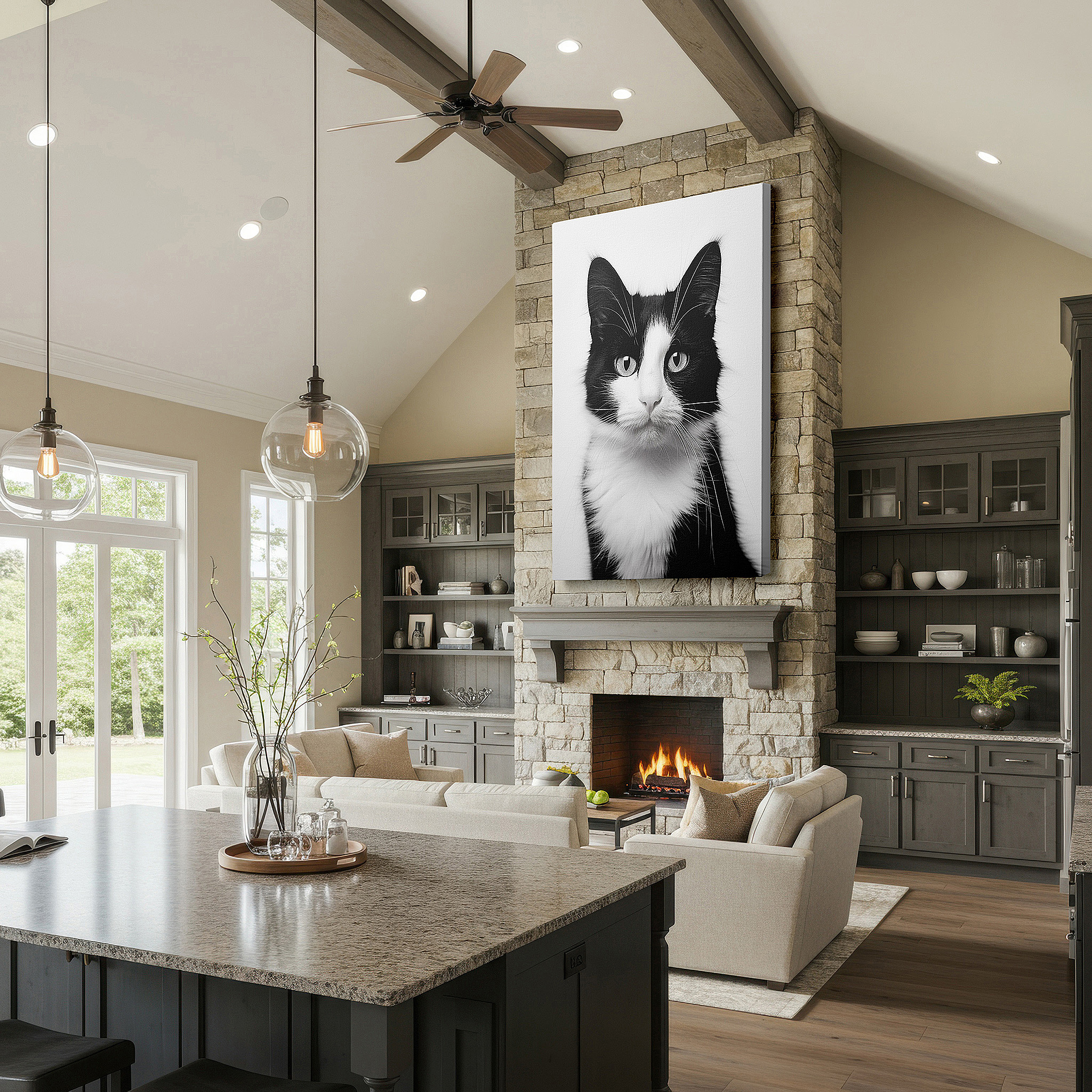 Positioned above a console table between ceramic vases — wall art: mysterious elegance in a monochrome cat portrait - large canvas wall art for office, bedroom, and living room decor