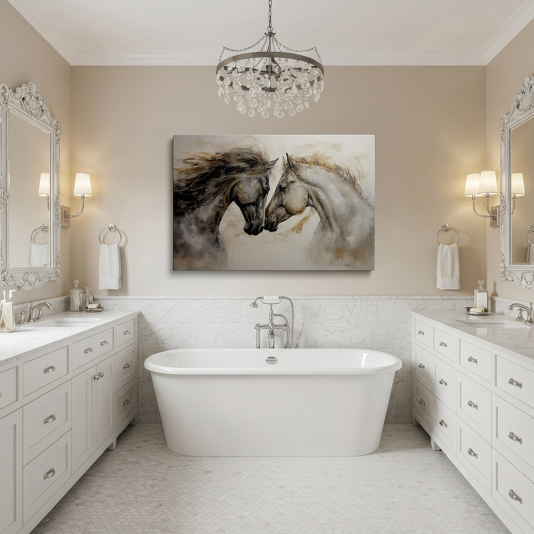Positioned above a console table between ceramic vases — wall art: serene connection of two horses in perfect unity - large canvas wall art for office, bedroom, and living room decor