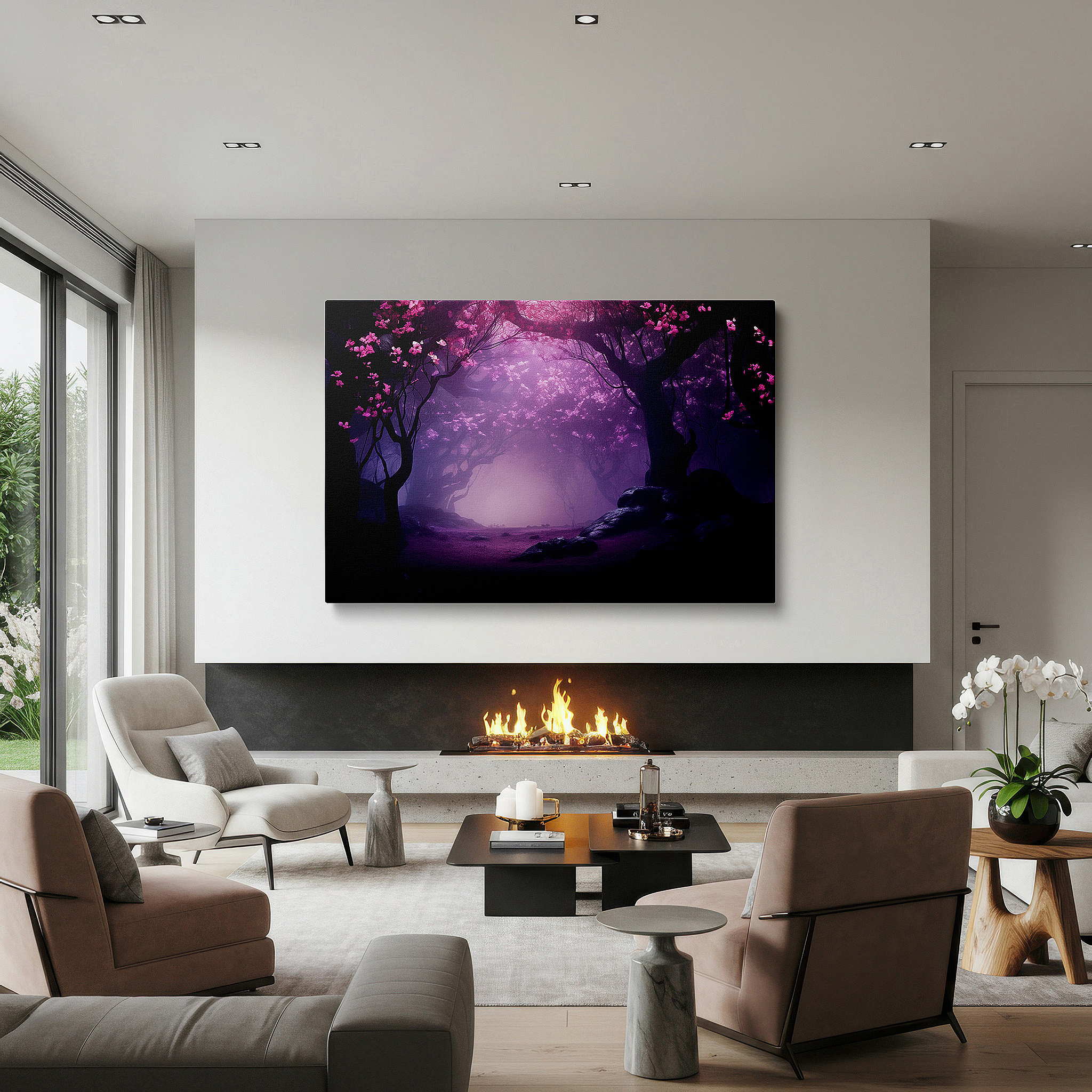Positioned above a console table between ceramic vases — wall art: serene misty forest and blossoming cherry trees - discover the quiet whispers of nature with this large canvas wall art for home and office decor
