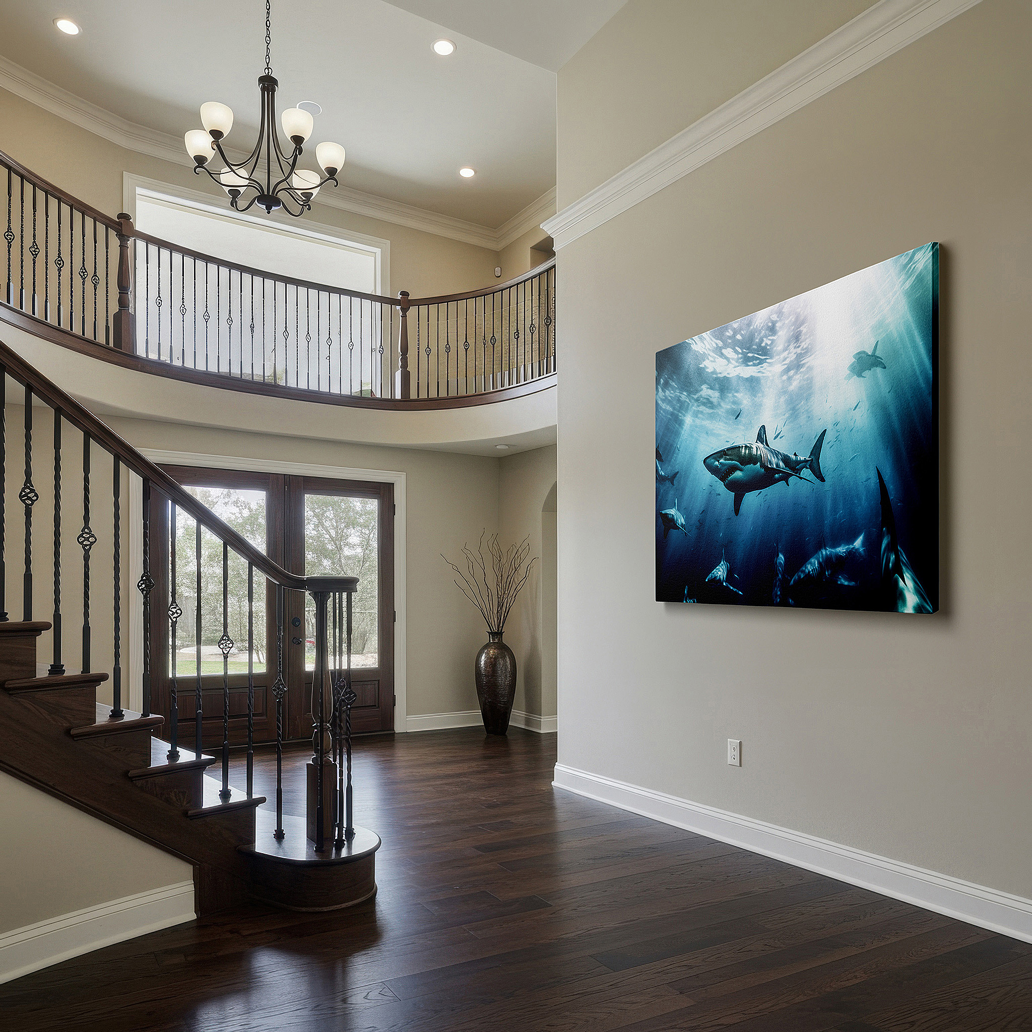 Positioned above a console table between ceramic vases — wall art: serene underwater journey - majestic sharks and luminous seas. large canvas wall art for office and bedroom decor