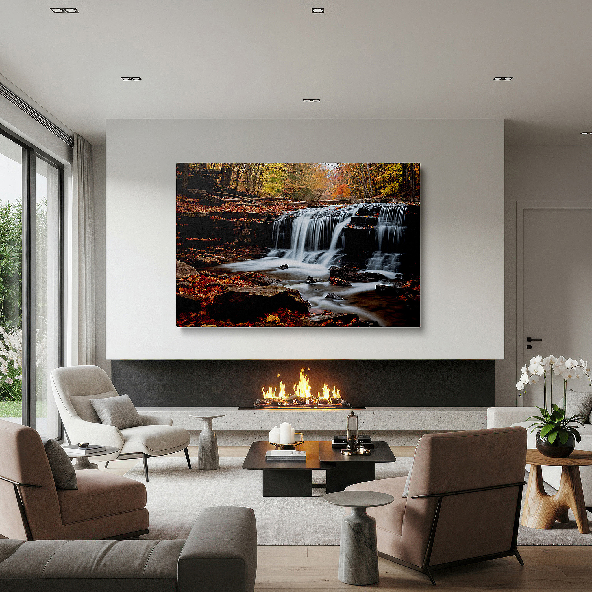 Positioned above a console table between ceramic vases — wall art: serene waterfall and autumn foliage - a peaceful forest retreat for reflection and renewal, large canvas wall art decor