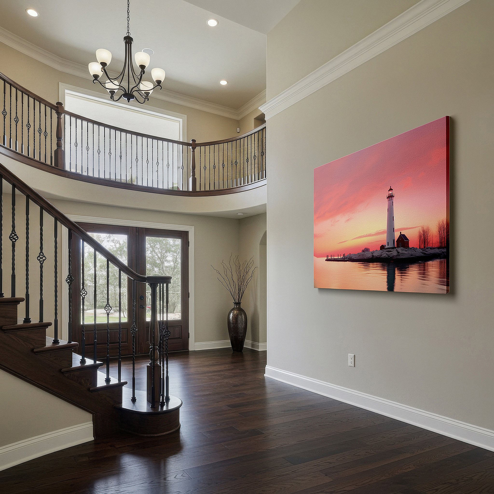 Positioned above a console table between ceramic vases — wall art: serene white lighthouse at sunset - a symbol of peace and hope, large canvas wall art for office and bedroom decor